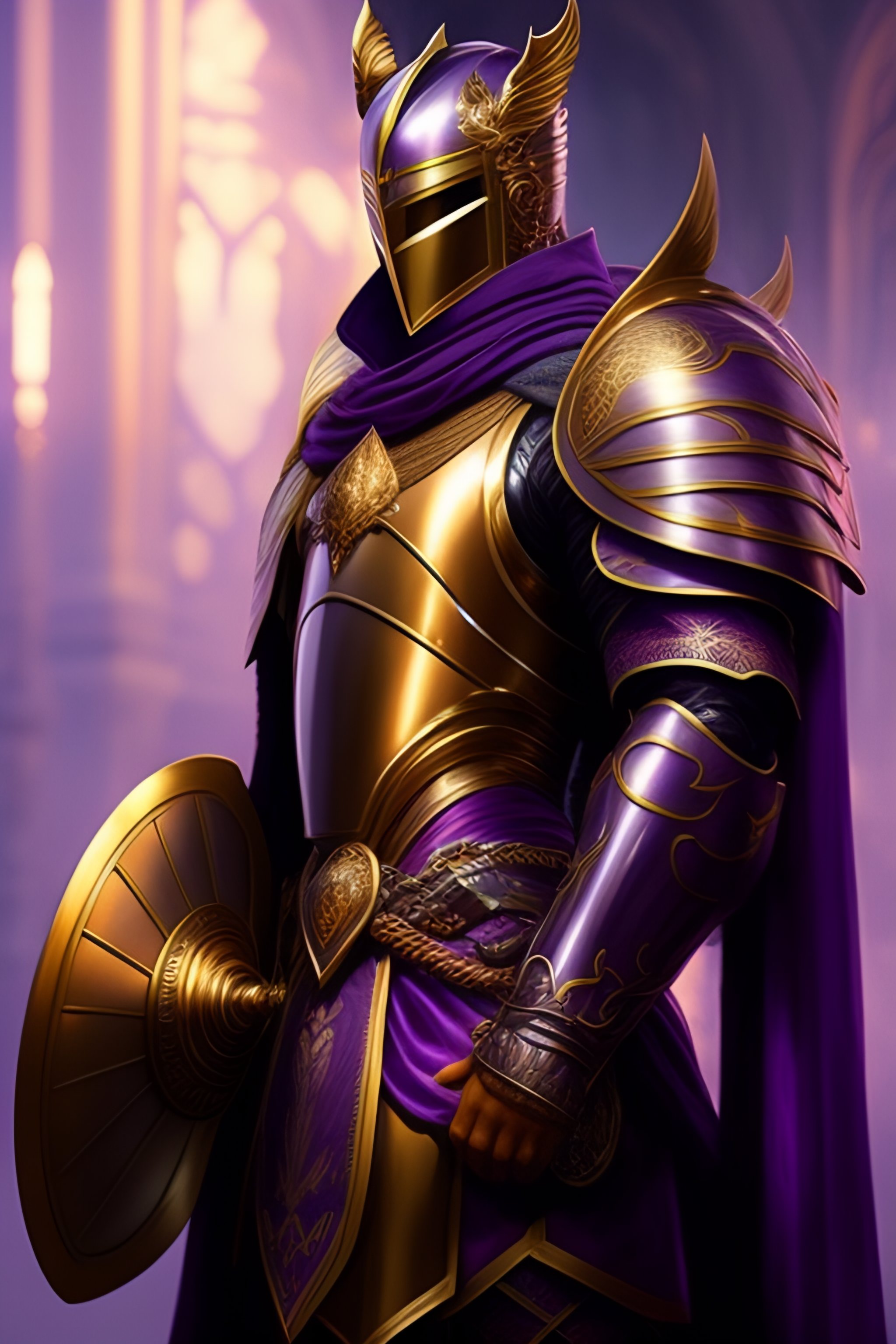 Lexica - Painting of a robust knight in full purple and gold Armor ...