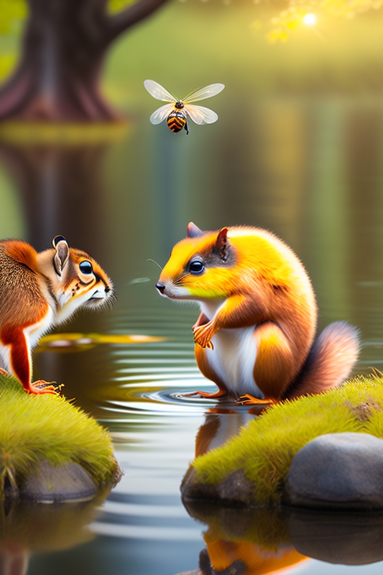Lexica - A honey bee, a Squirrel and a frog stand near pond