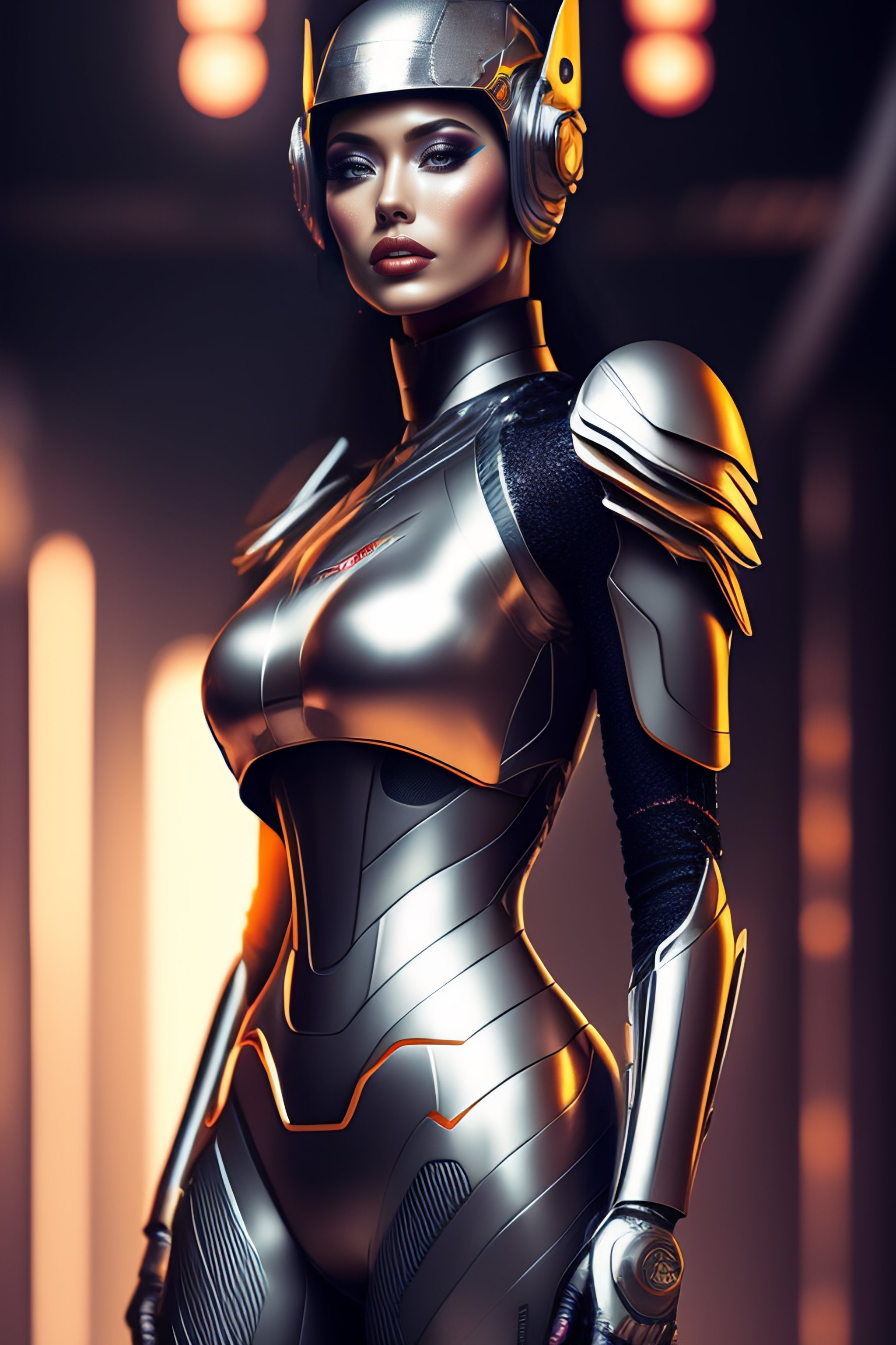 Lexica - Full body portrait of a robocop girl, helmet, leg armors ...