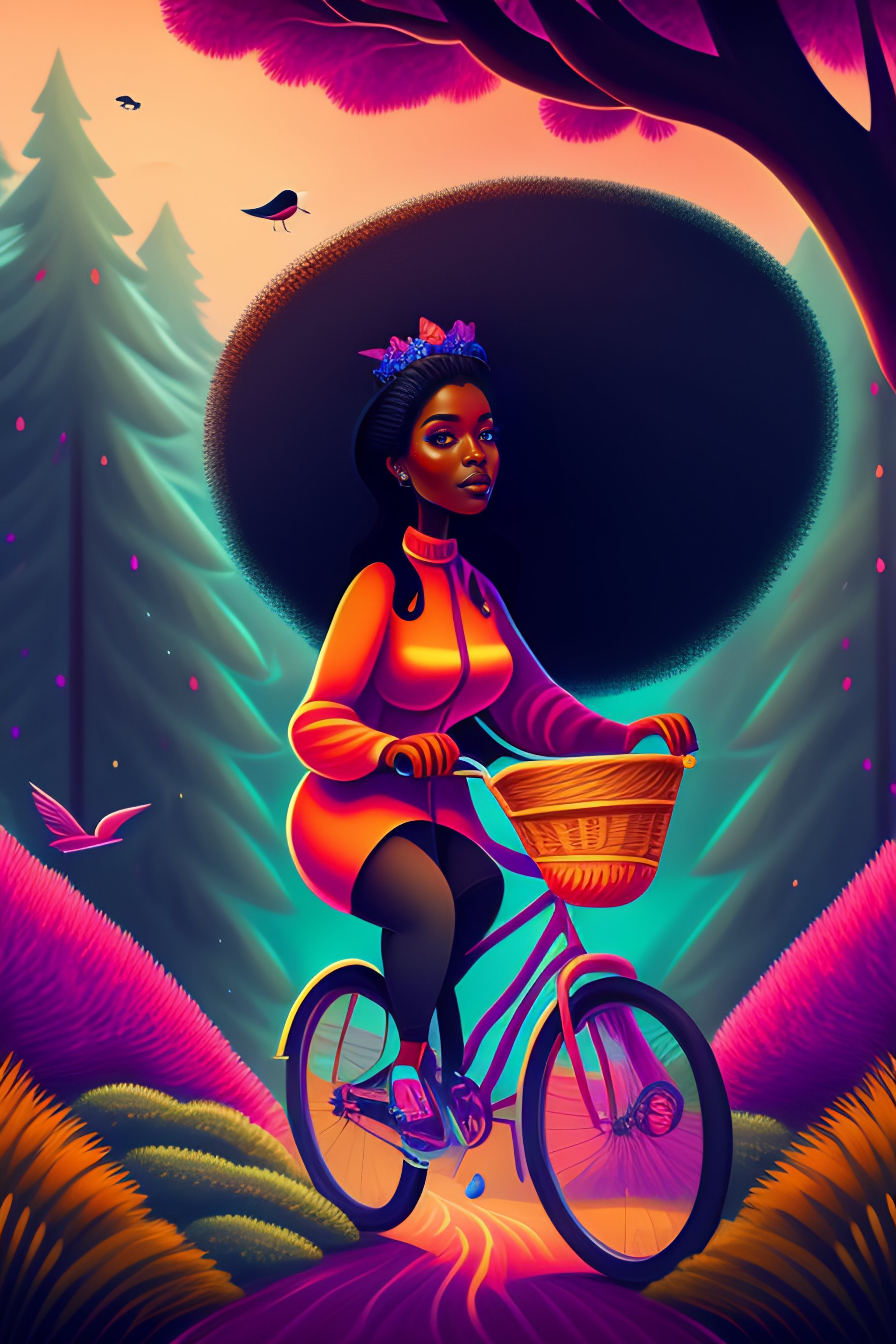 Lexica - Illustration of black straight hair woman riding a bike in the ...