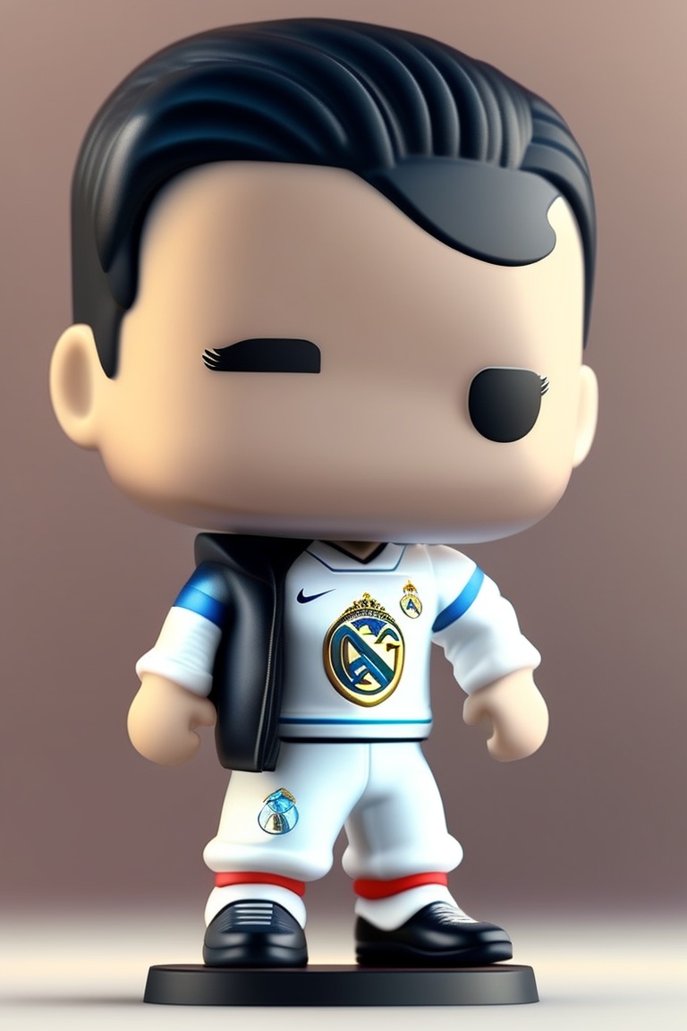 Lexica - Funko pop of a boy dressed in the Real Madrid kit, a bit chubby,  with very black hair, combed forward, with full lips