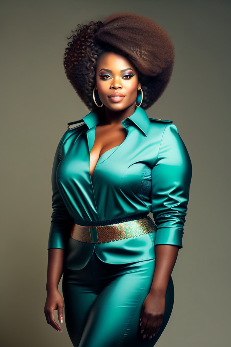 Lexica - Curvy black woman, short natural curly hair, stylish clothing,  full body length, teal, medium skin tone