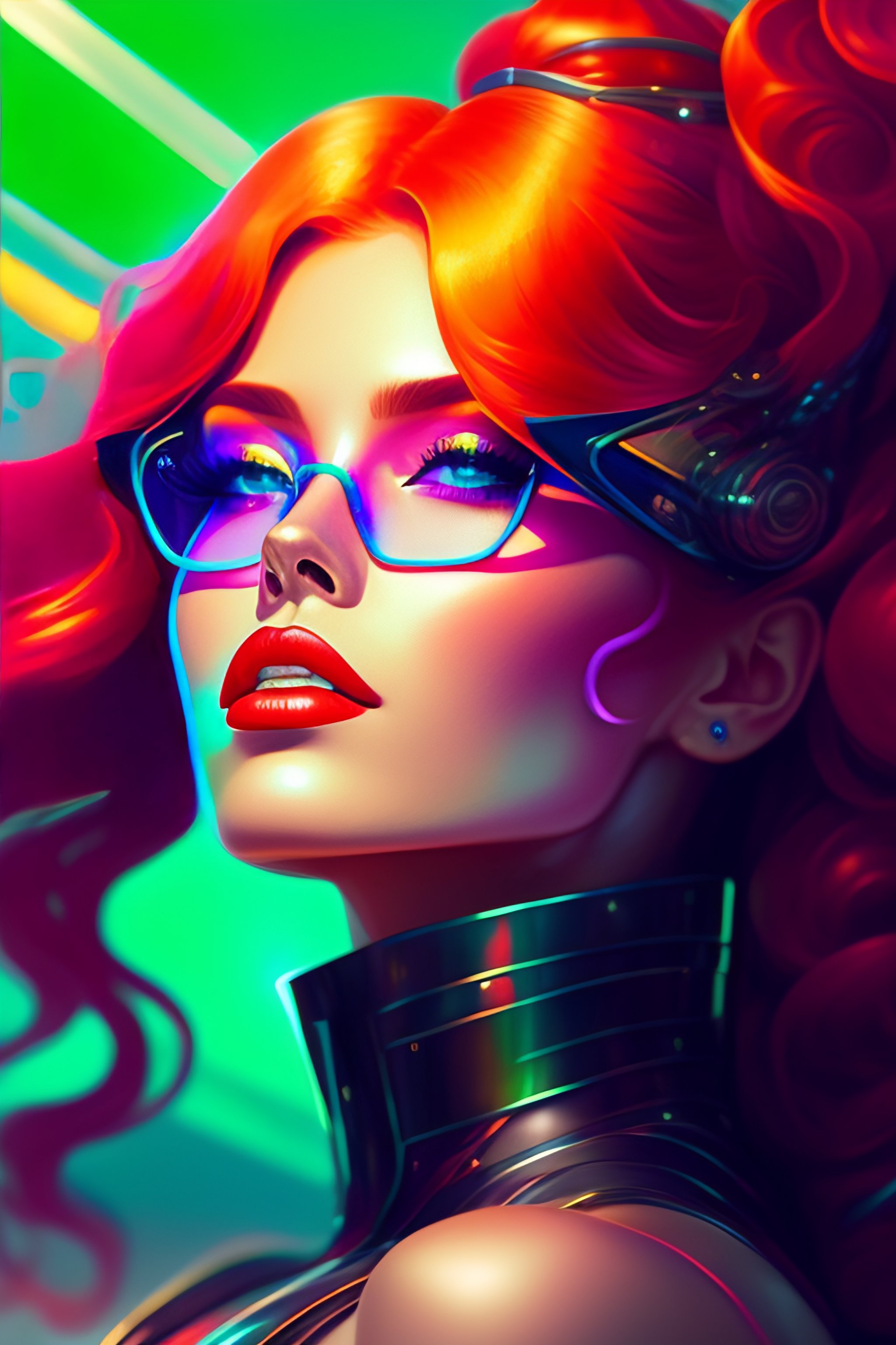 Lexica - A cybernetic goddess with red hair green eyes and glasses ...