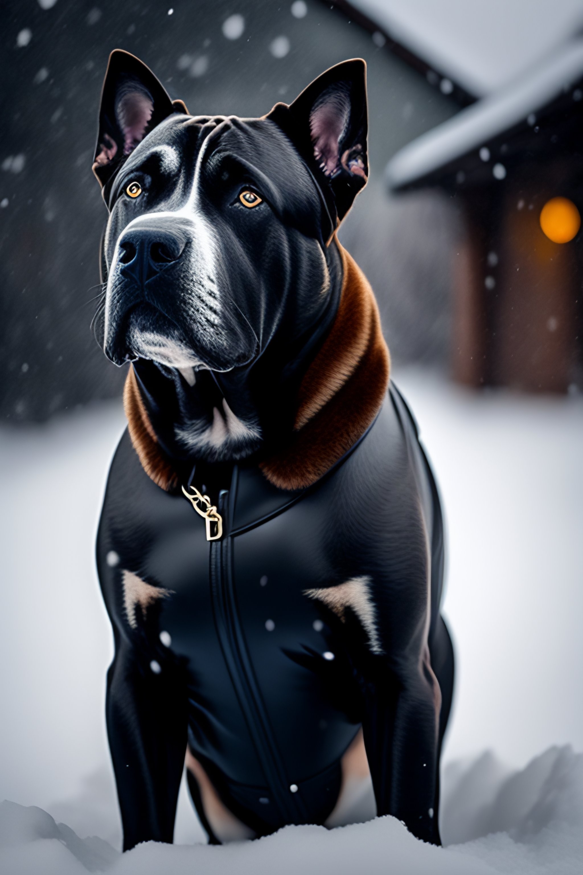Lexica Cane corso wearing a leather jacket. cane corso is outside in a snow