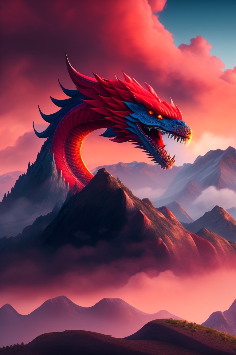 Lexica - A red dragon on a mountain, with red clouds, calm, realistic ...