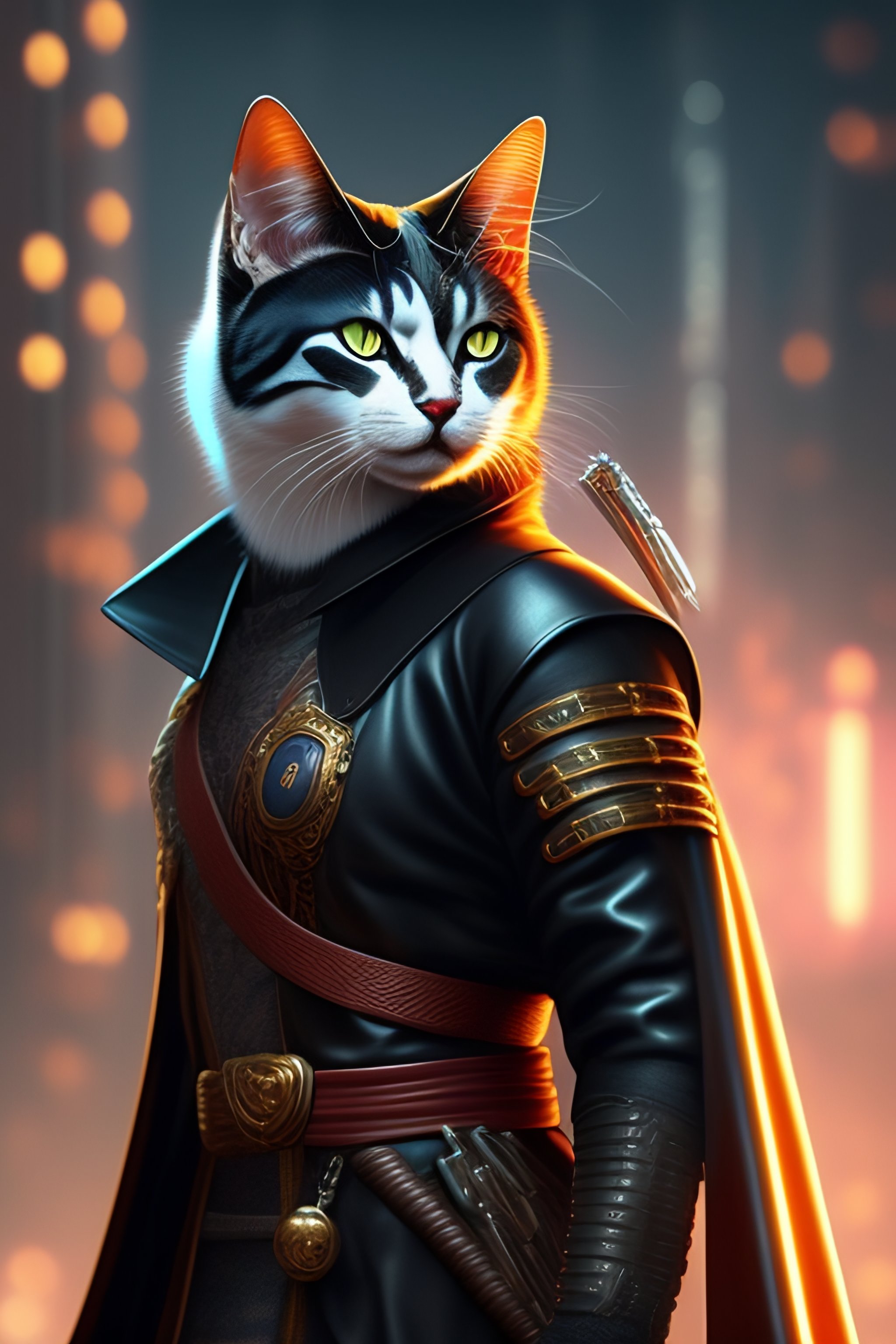 Lexica - Cyberpunk cat with a katana, wearing leather clothing