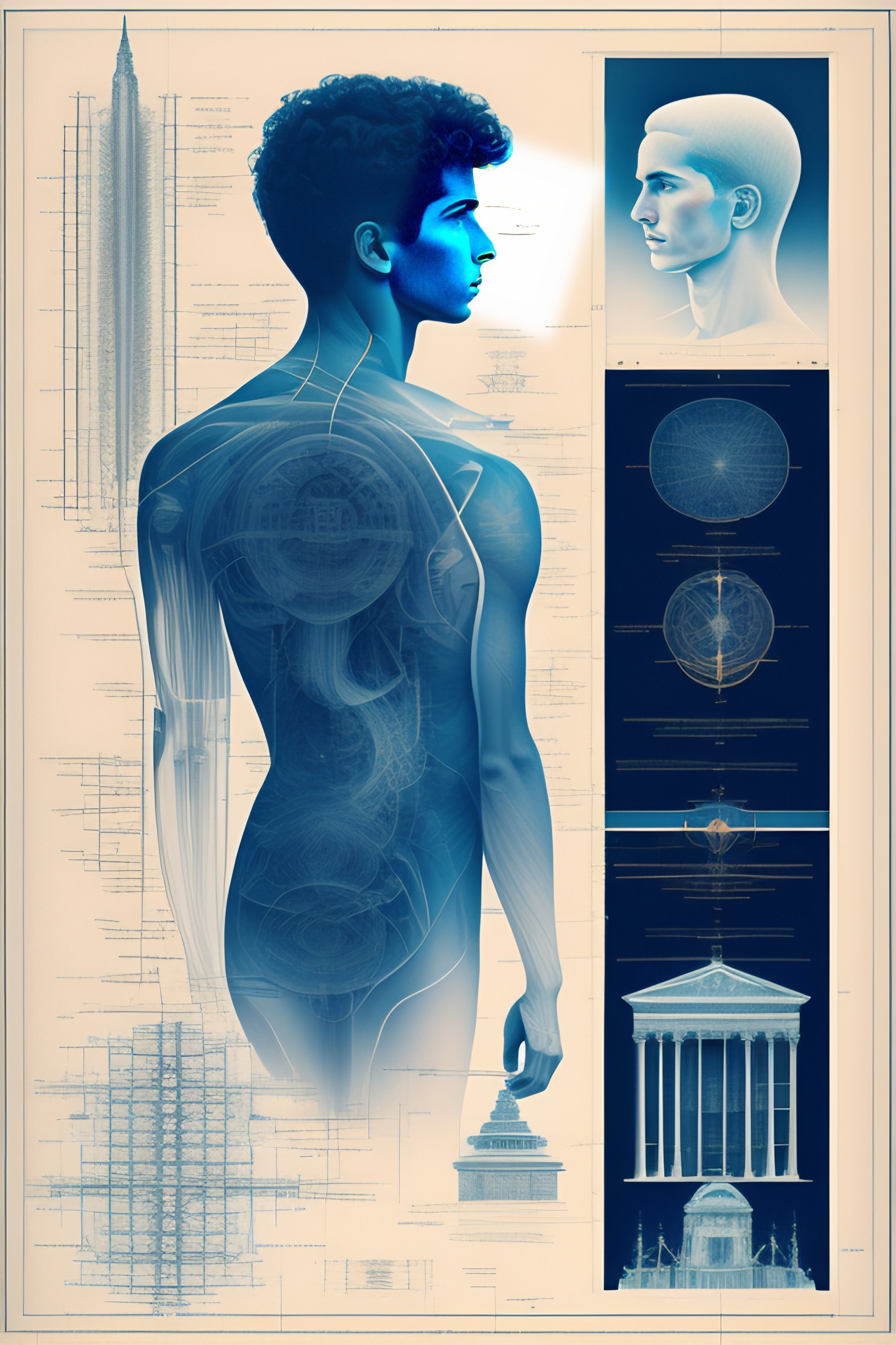 Lexica - Detailed schematics of a young male cyborg, Venetian man ...