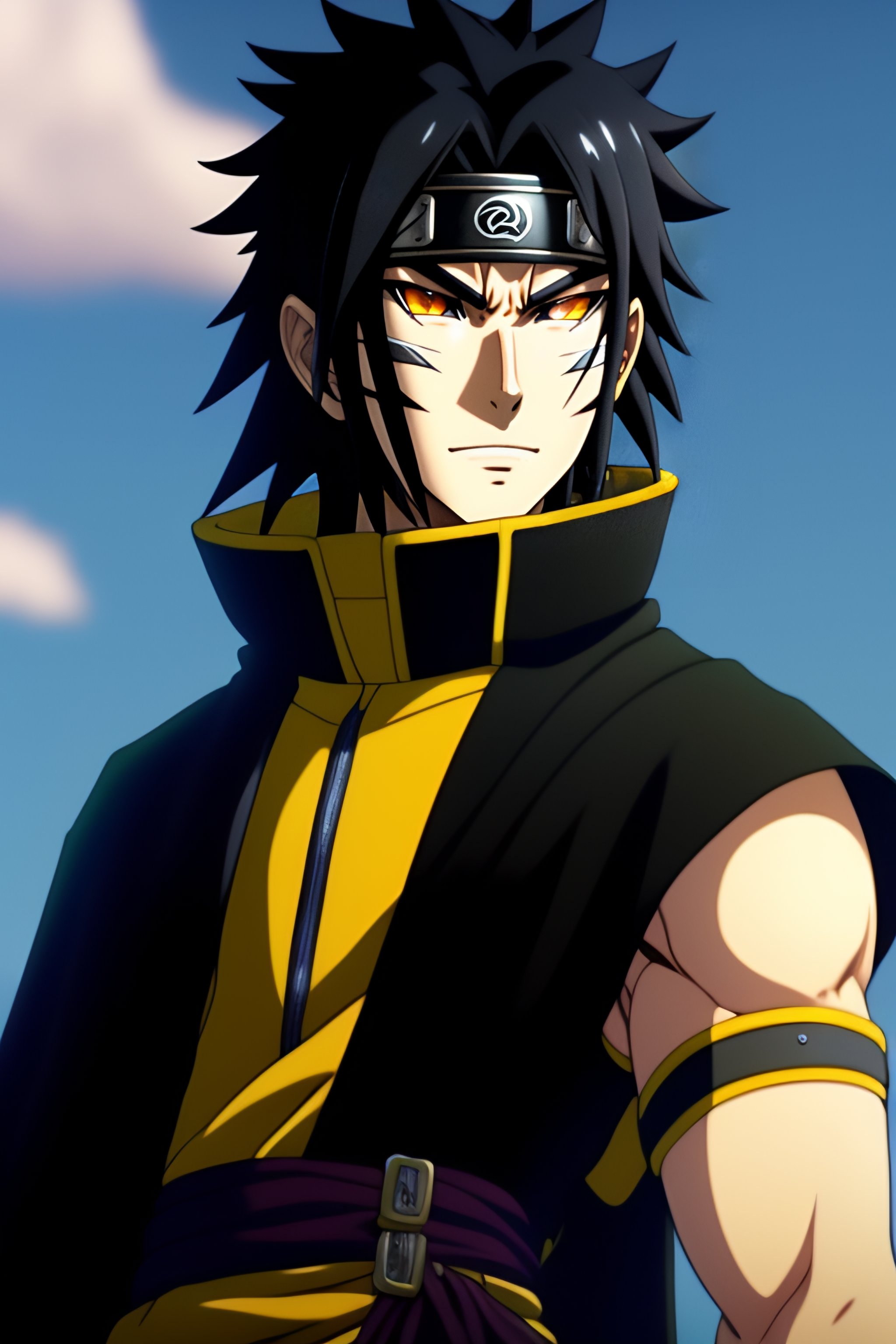 Lexica - Naruto anime character who is tall, with a muscular build and  chiseled features. He has long black hair, which is styled in a wild and  untam...