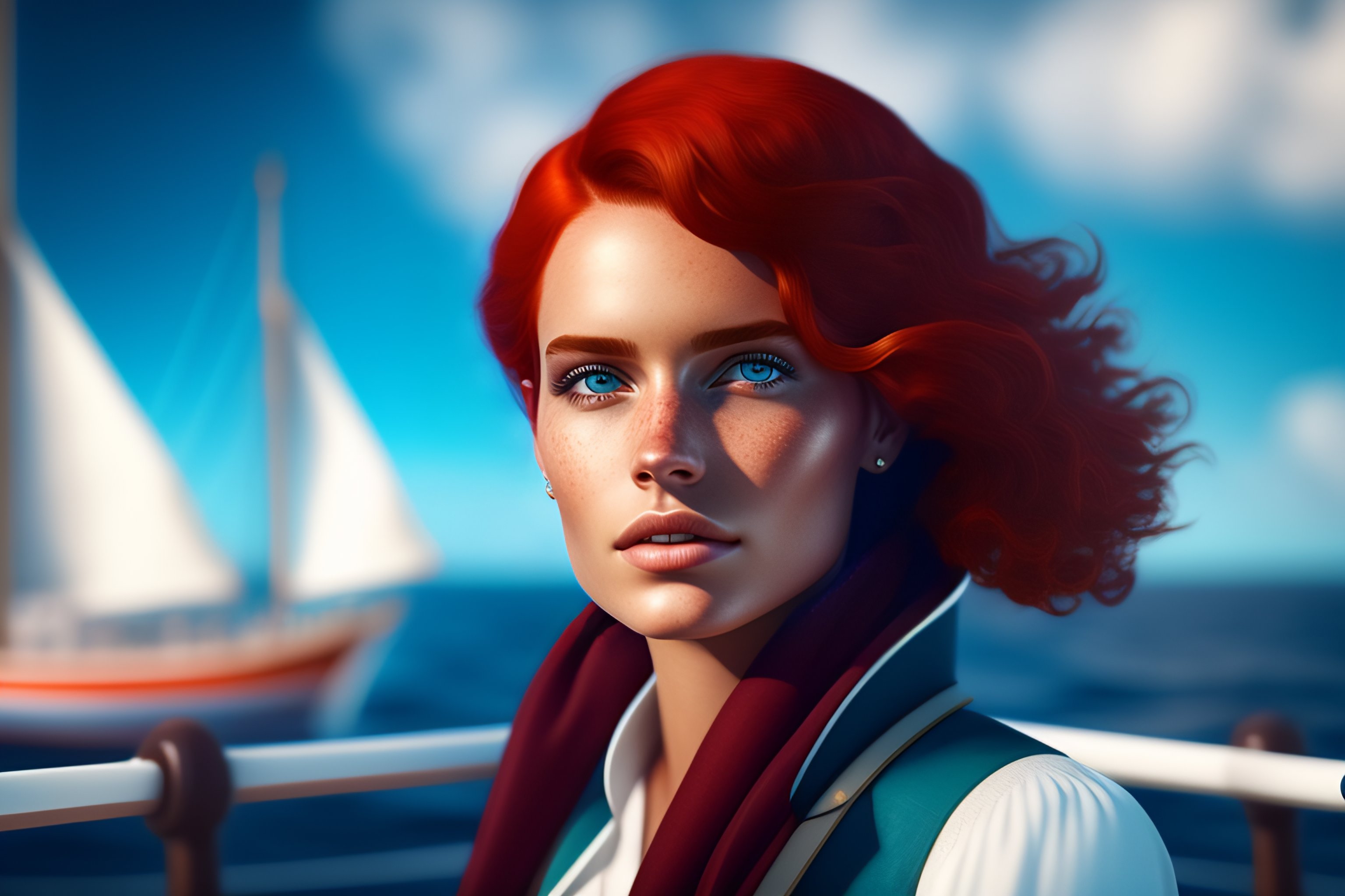 Lexica - Girl in a white shirt on the deck of a sailing ship, short red ...