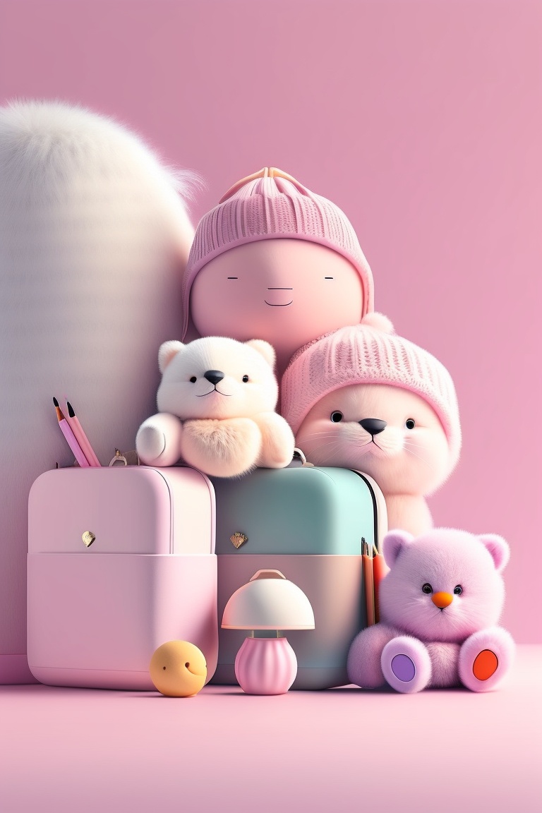 Lexica - Pale pink background, focused, animated, stuffed animals ...