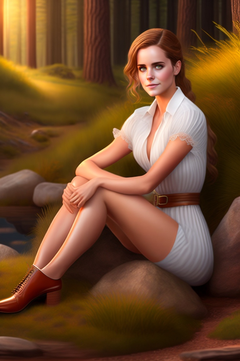 Lexica - Emma Watson is sitting on a wooded spot in the style of daz3d,  uncovered legs