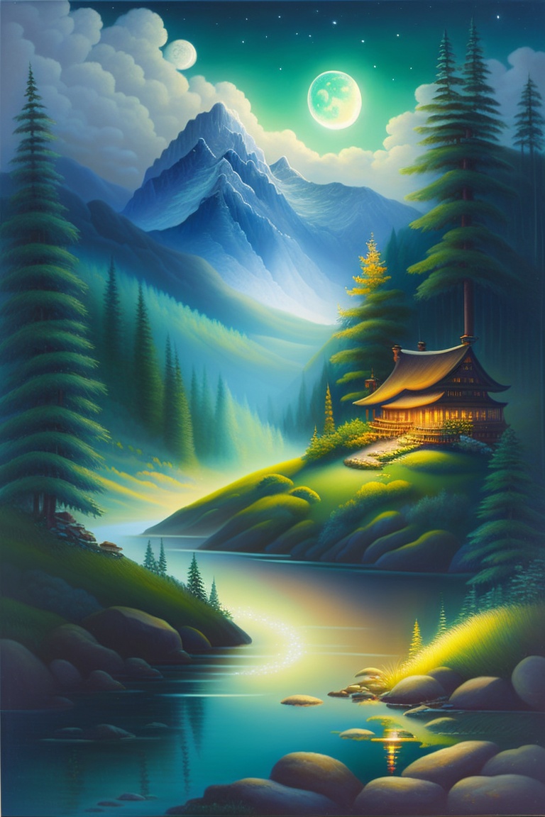 Lexica - Here is a description of a painting of mountains and forests ...