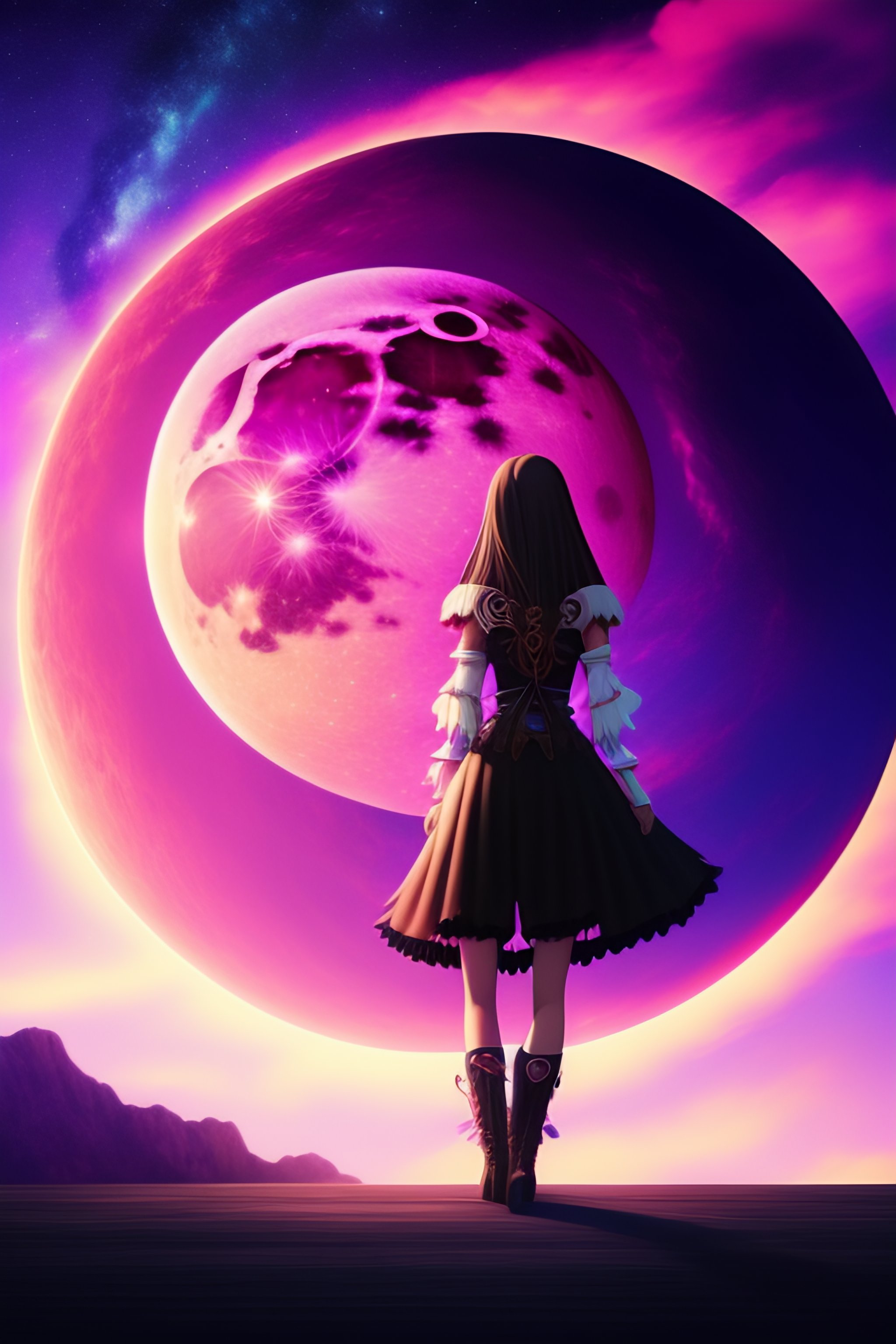 Lexica - Full moon, pink moon, anime, anime girl, long hair, view in  camera, no floor