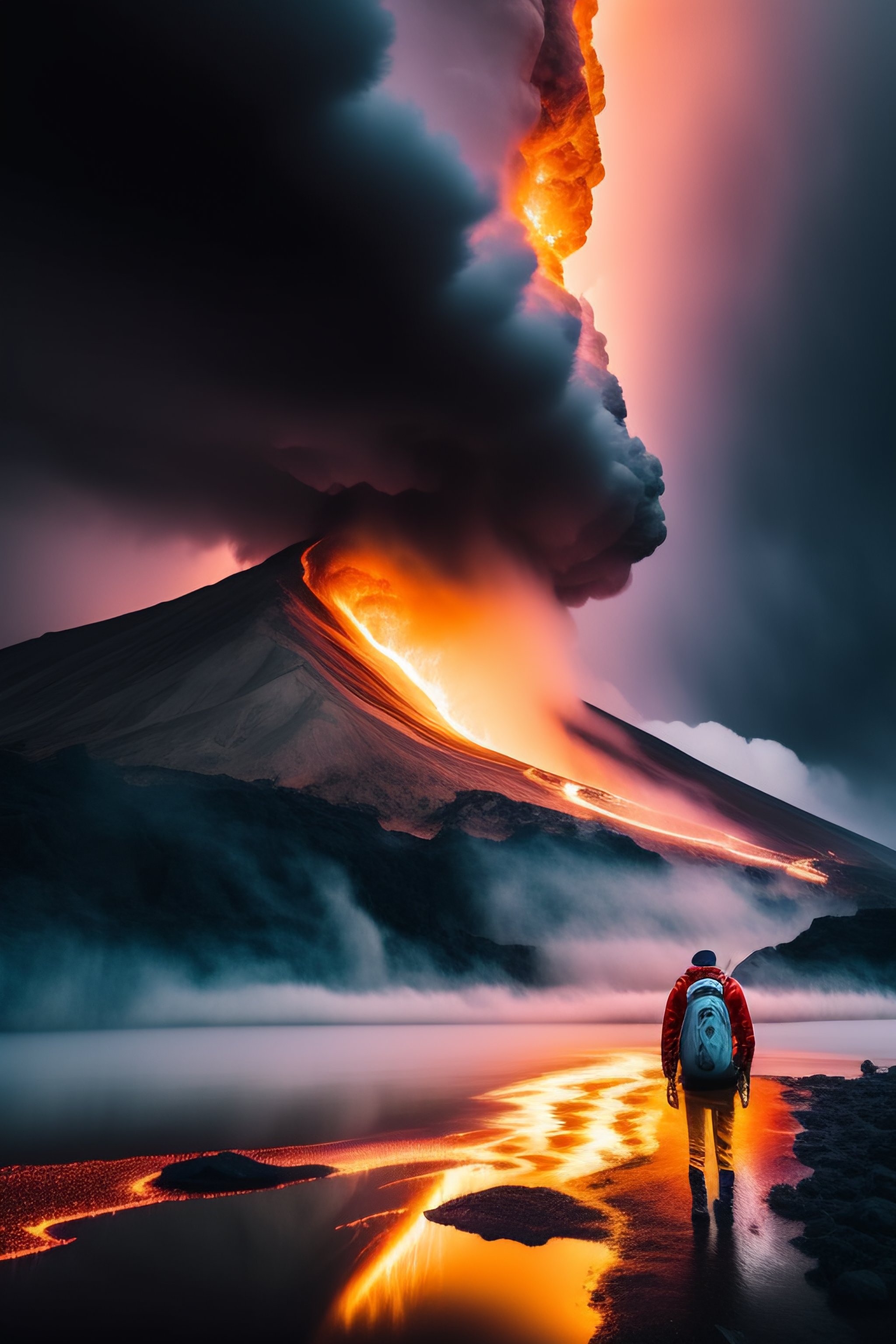 Lexica - Man seen from behind with a backpack ready to cross a river of ...