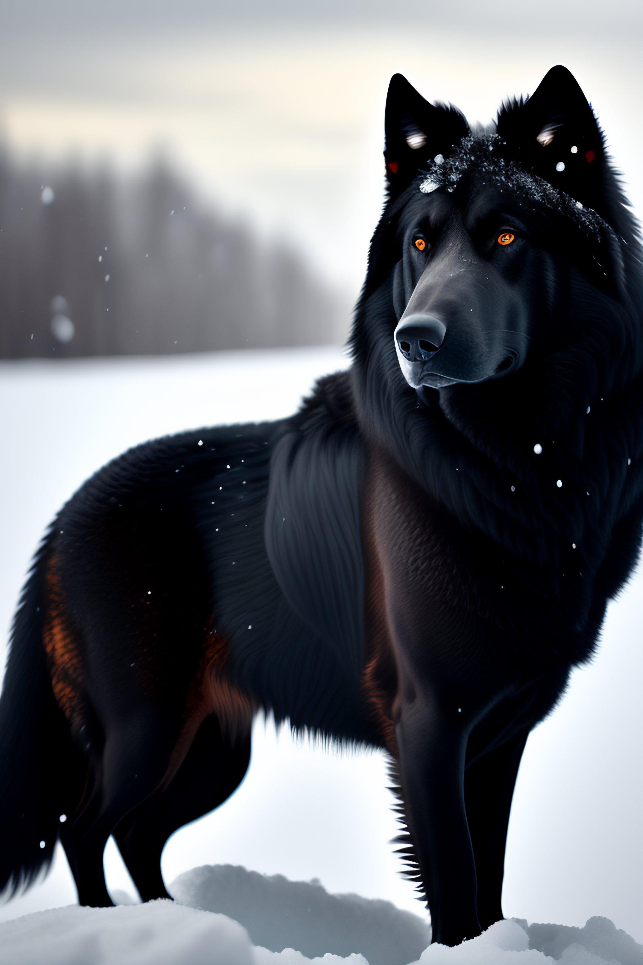 Lexica Black dire wolf in the snow with saddle and armor, massive