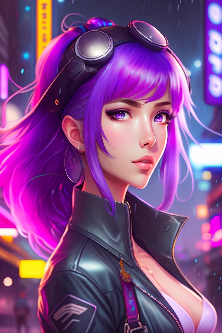 Lexica - Anime girl, 90's anime style, pinup, purple hair, neon purple ...