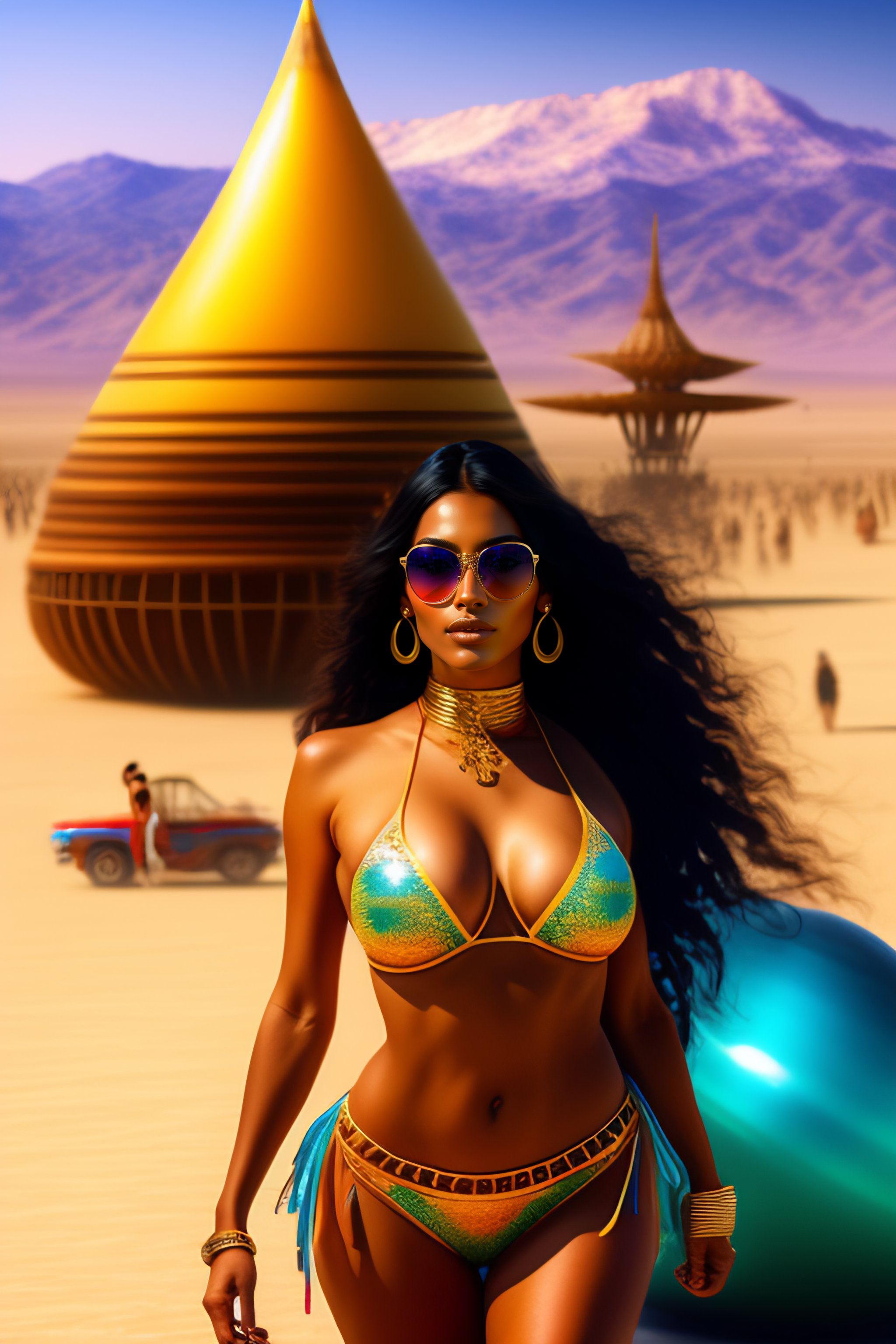 Lexica - A Latina girl at Burning Man, smoking cannabis, wearing a bikini,  high heel sandals, in the year 3000, art by Shiva