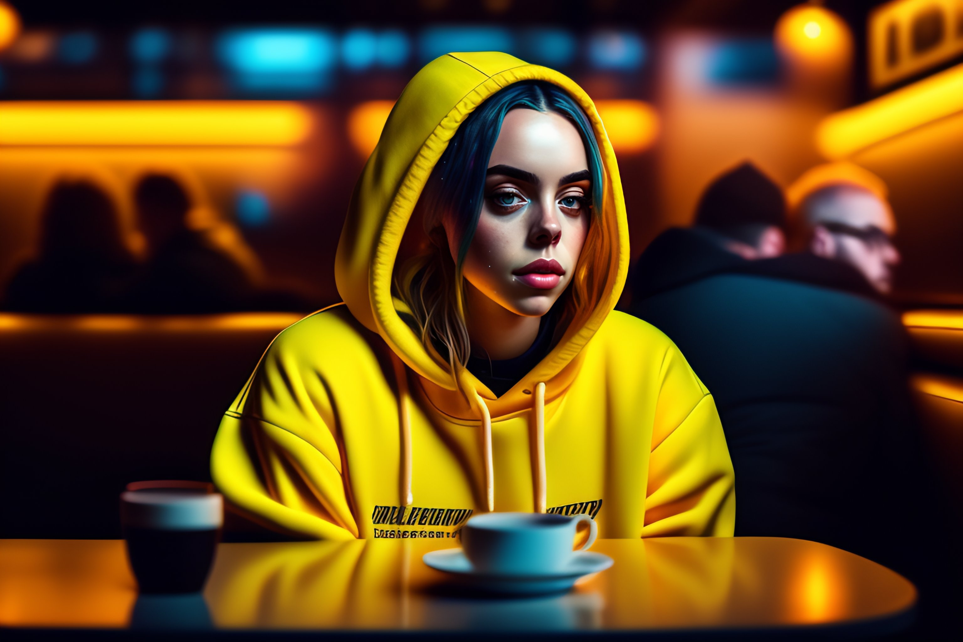 Lexica Portrait of billie eilish wearing a yellow hoodie sitting