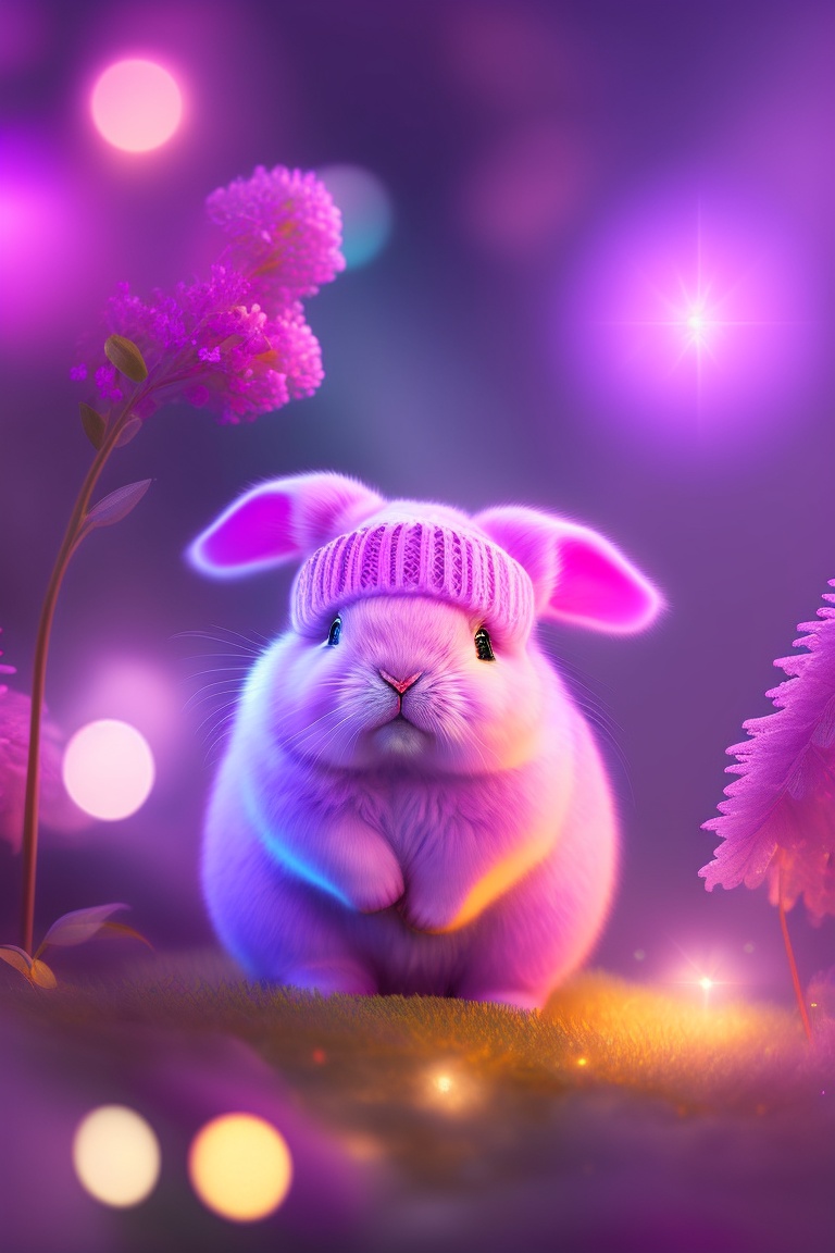 Lexica - Pink cute bunny in a knitted hat, in the midst of flickering ...