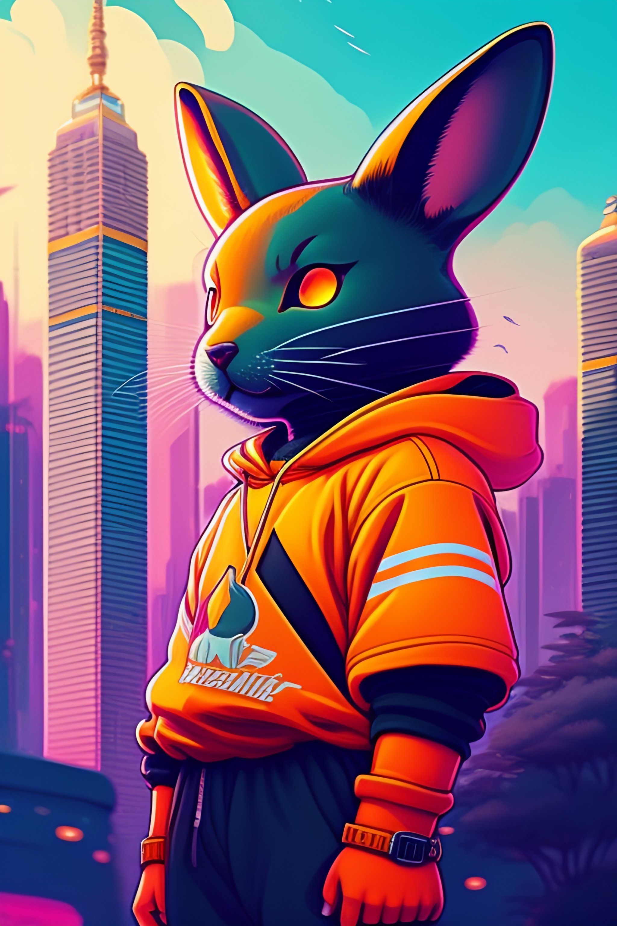 Lexica - Photo of of a huge rabit with spraycans in a fusion cityscape ...