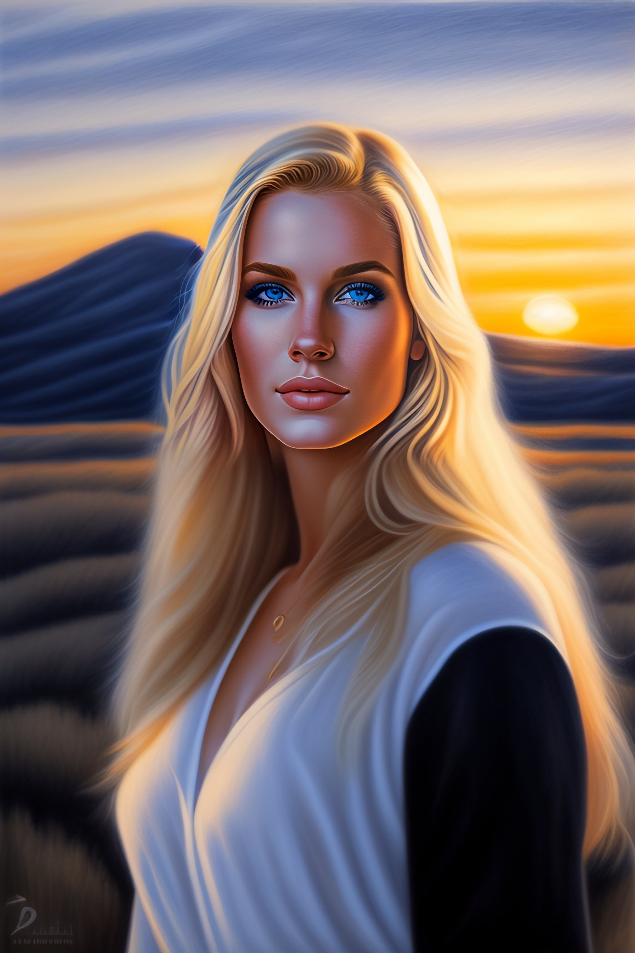 Lexica - A portrait of a beautiful 25 years old blonde and blue eyes woman,  epic scene with the sunrise on the background, pencil draw, white and bla...