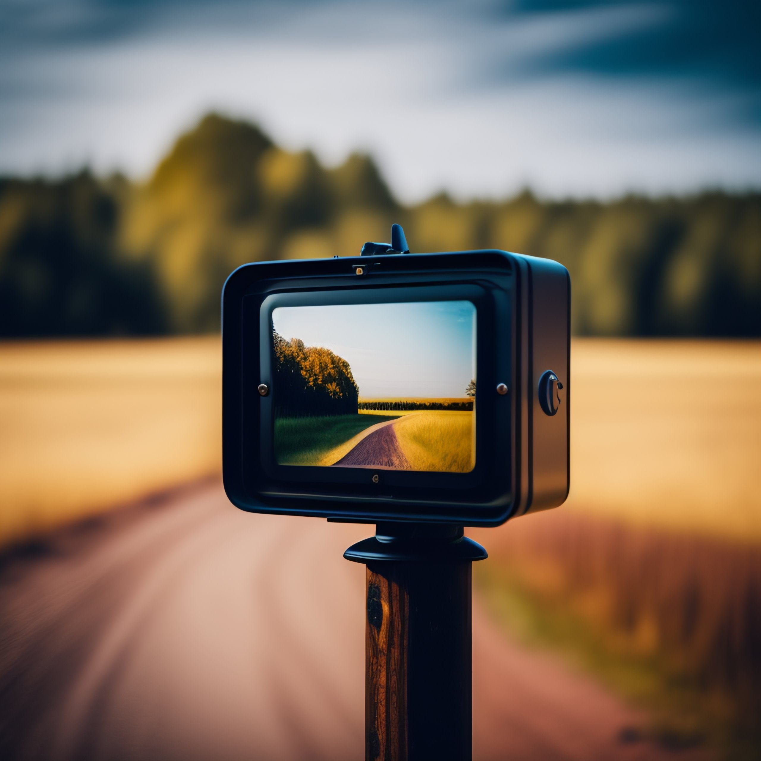 Lexica - A camera box on a pole along a dirt road in the country