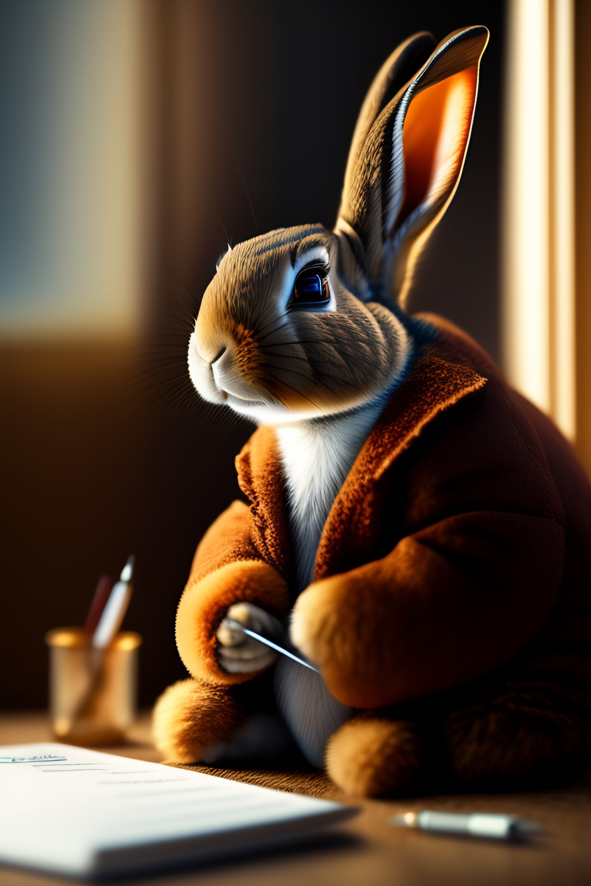 Lexica - An exhausted pepe the rabbit commiting tax fraud, paperwork ...