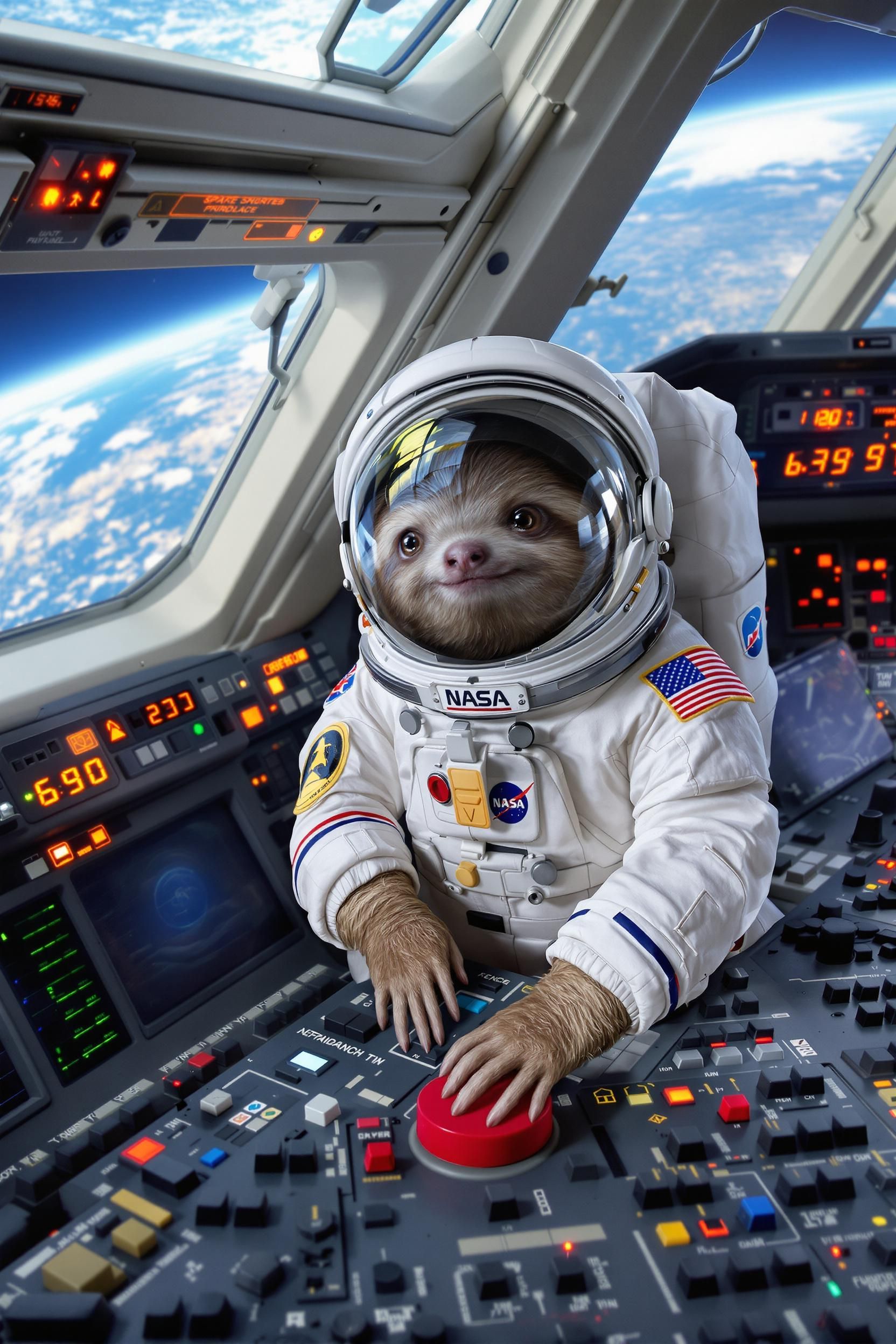 Lexica - A cute and tiny sloth captain inside the Space Shuttle's ...
