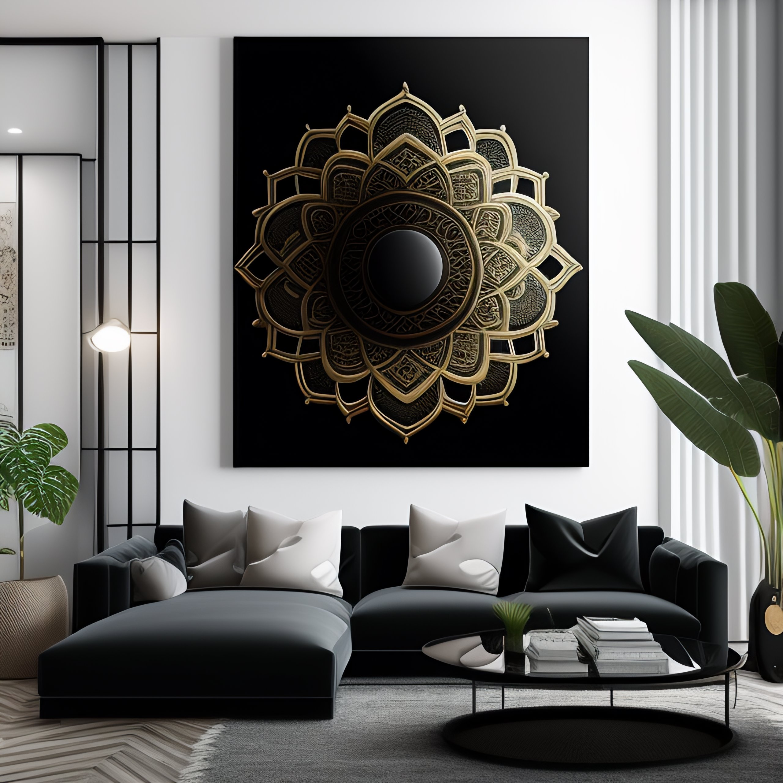 Lexica - Minimalist contemporary modern design living room, cozy, calm,  plants, big canvas art, hardwoord floor, black walls, highly detailed wide  an