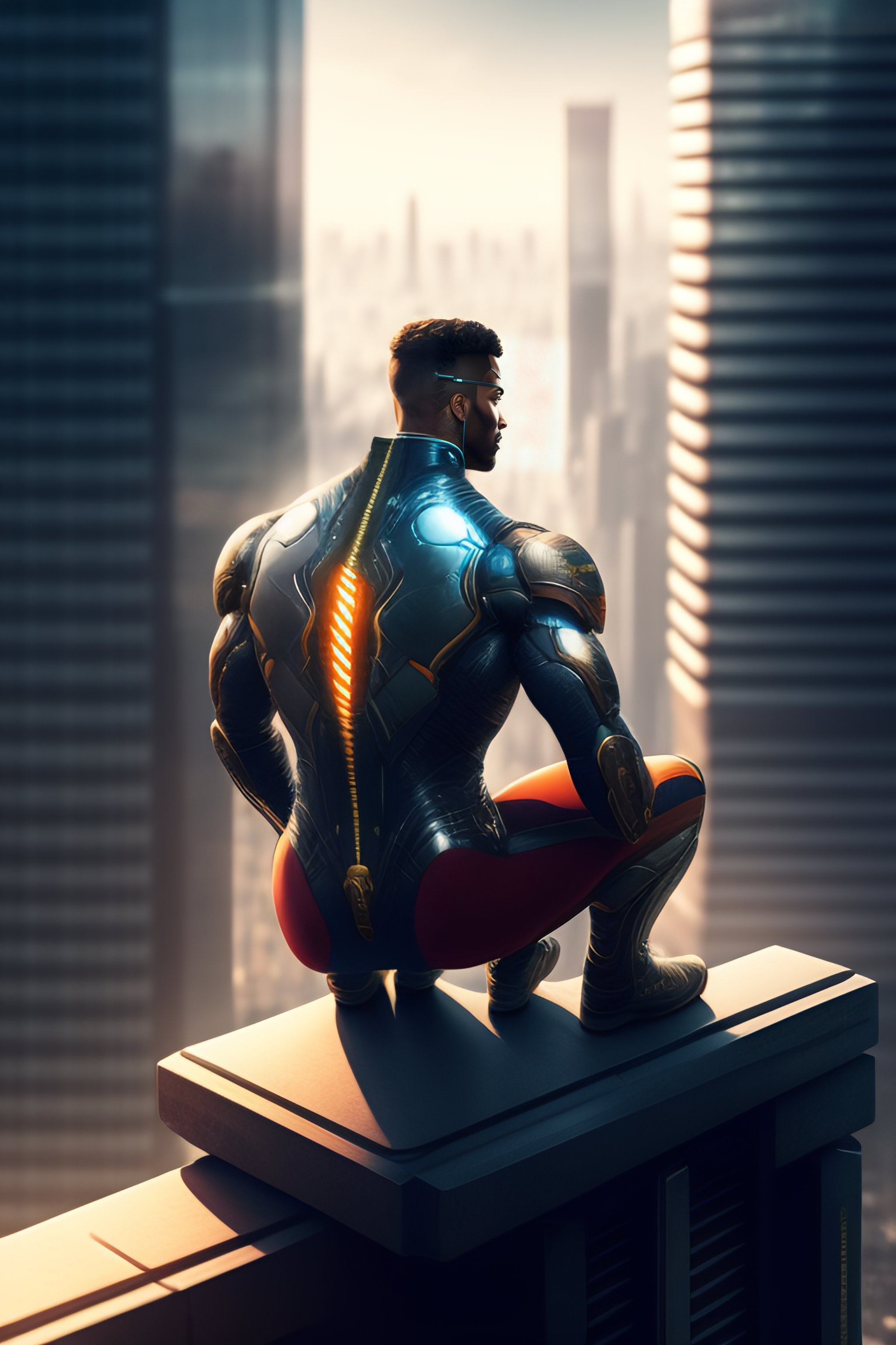 Lexica - Cyborg sitting on a roof looking down at a city below ...