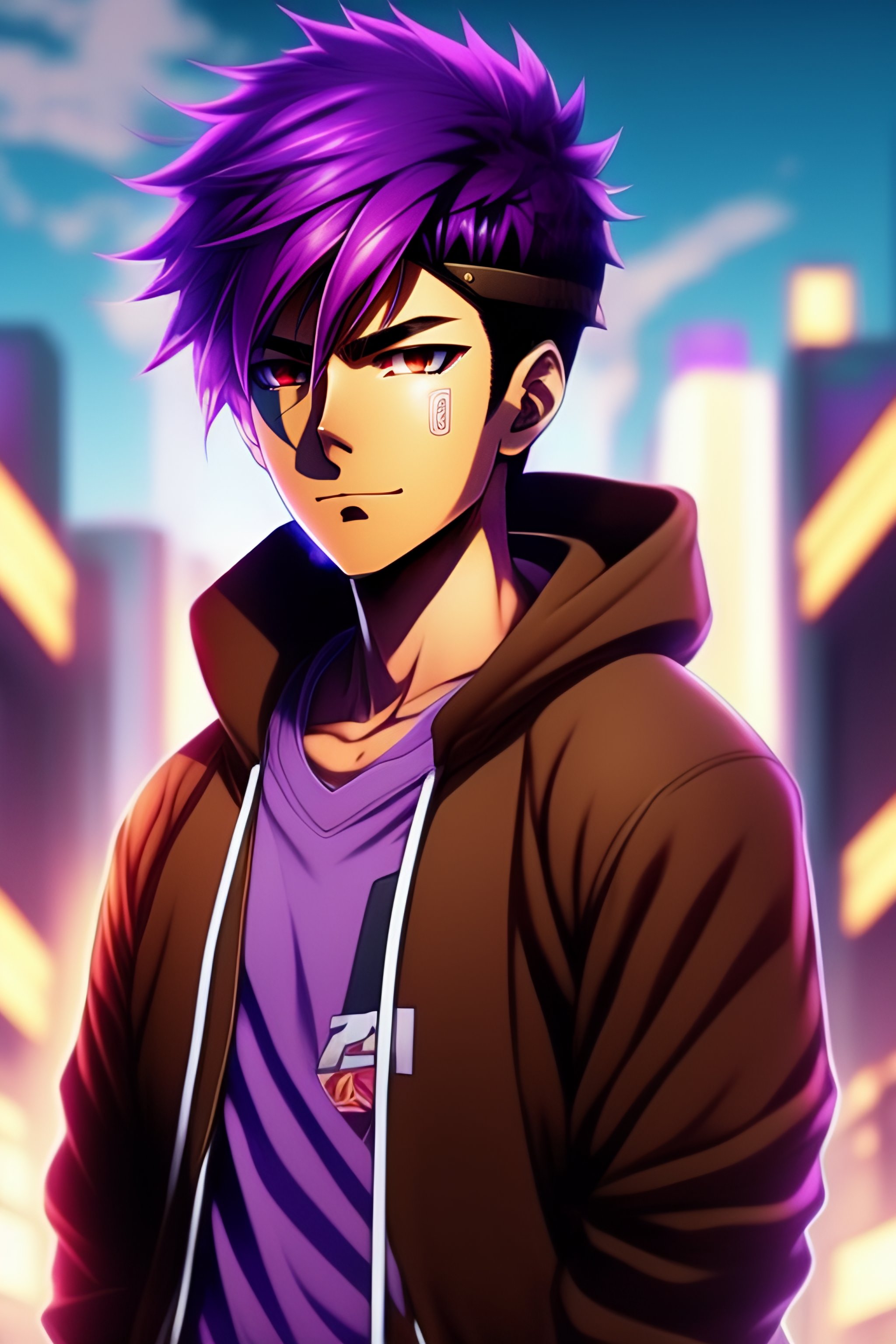 Lexica - Purple hair anime brown guy, brown face, hoodie, light brown skin,  hacker, no expression, no emotion, anime style, manga, cartoon, anime