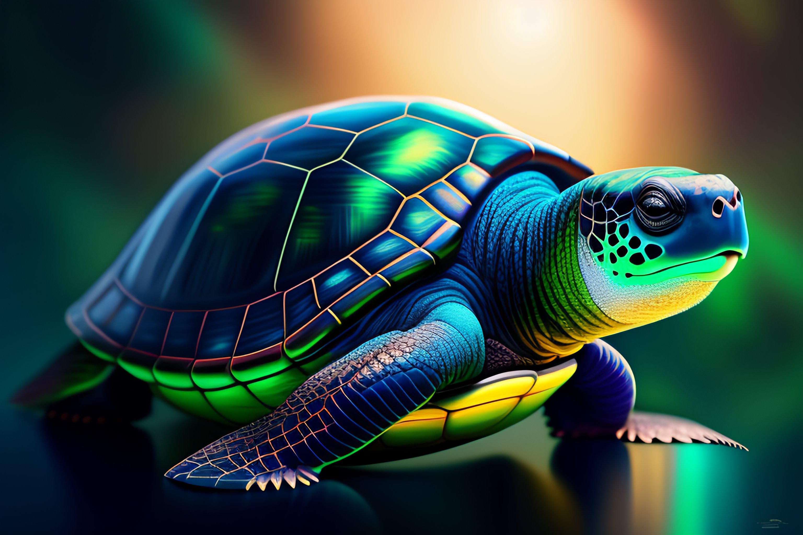 Lexica - A turtle in dark blue and green colors, without shell on its ...