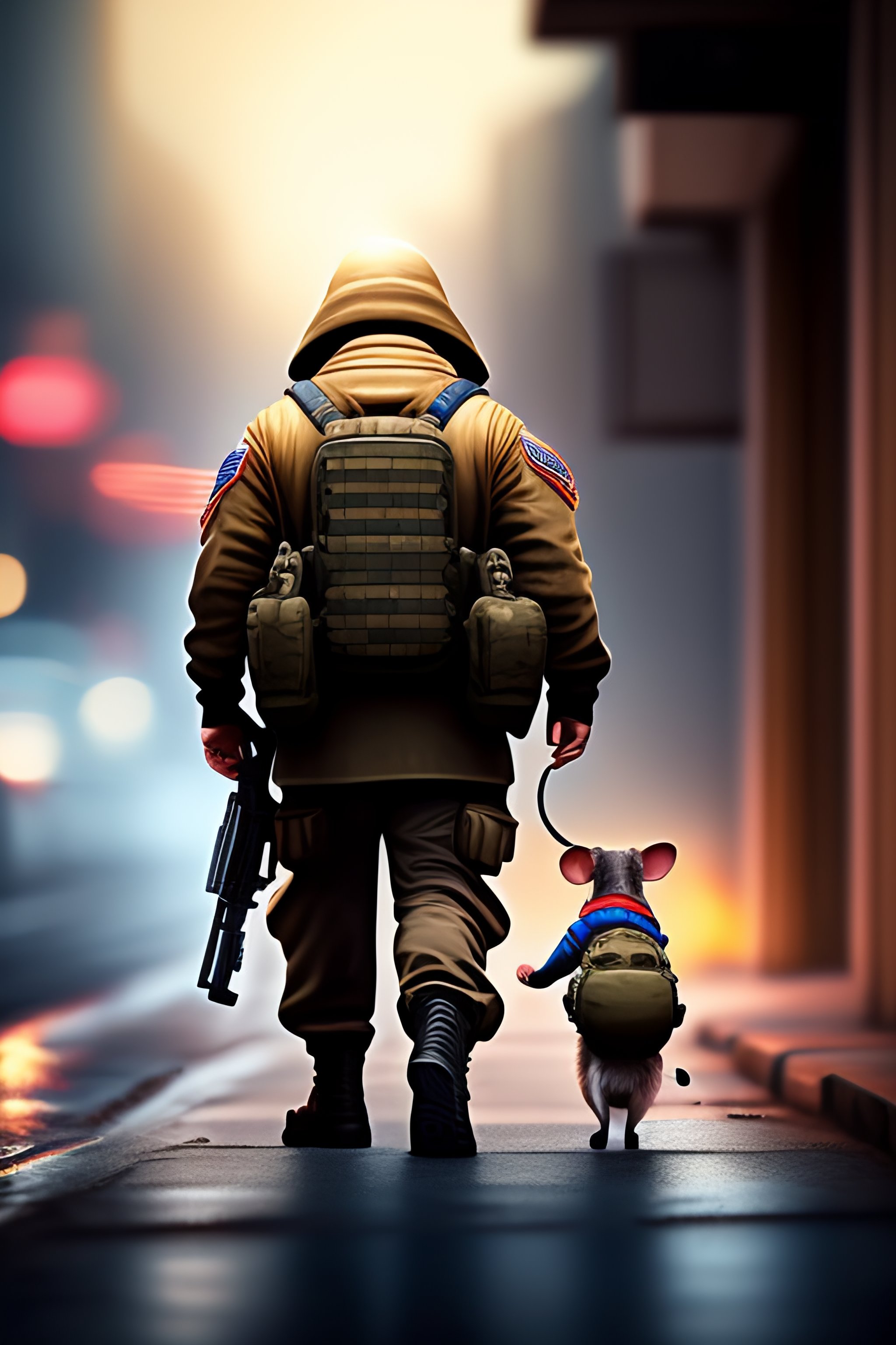 Lexica - A military rat with a machine gun walking with a baby by an ...