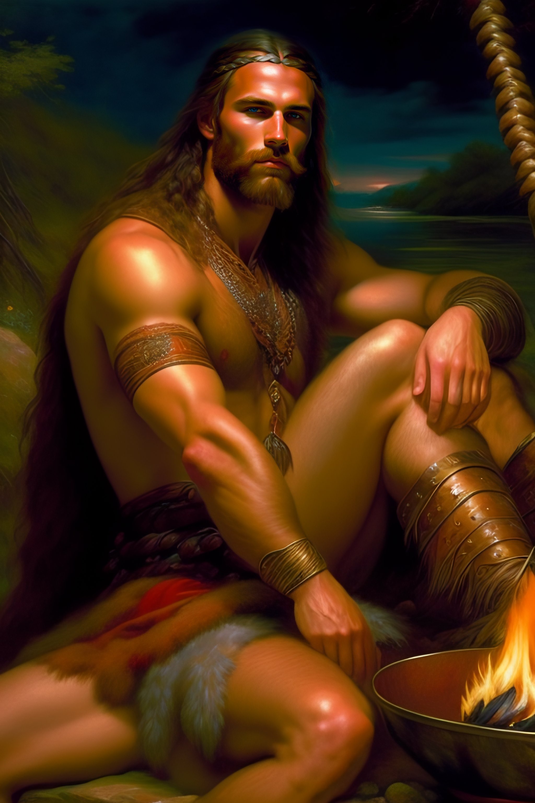 Lexica - Masculine hairy swimwear viking warrior male sitting around the  campfire at night, braided hair, wears breastplate, barbarian , holding  shie...