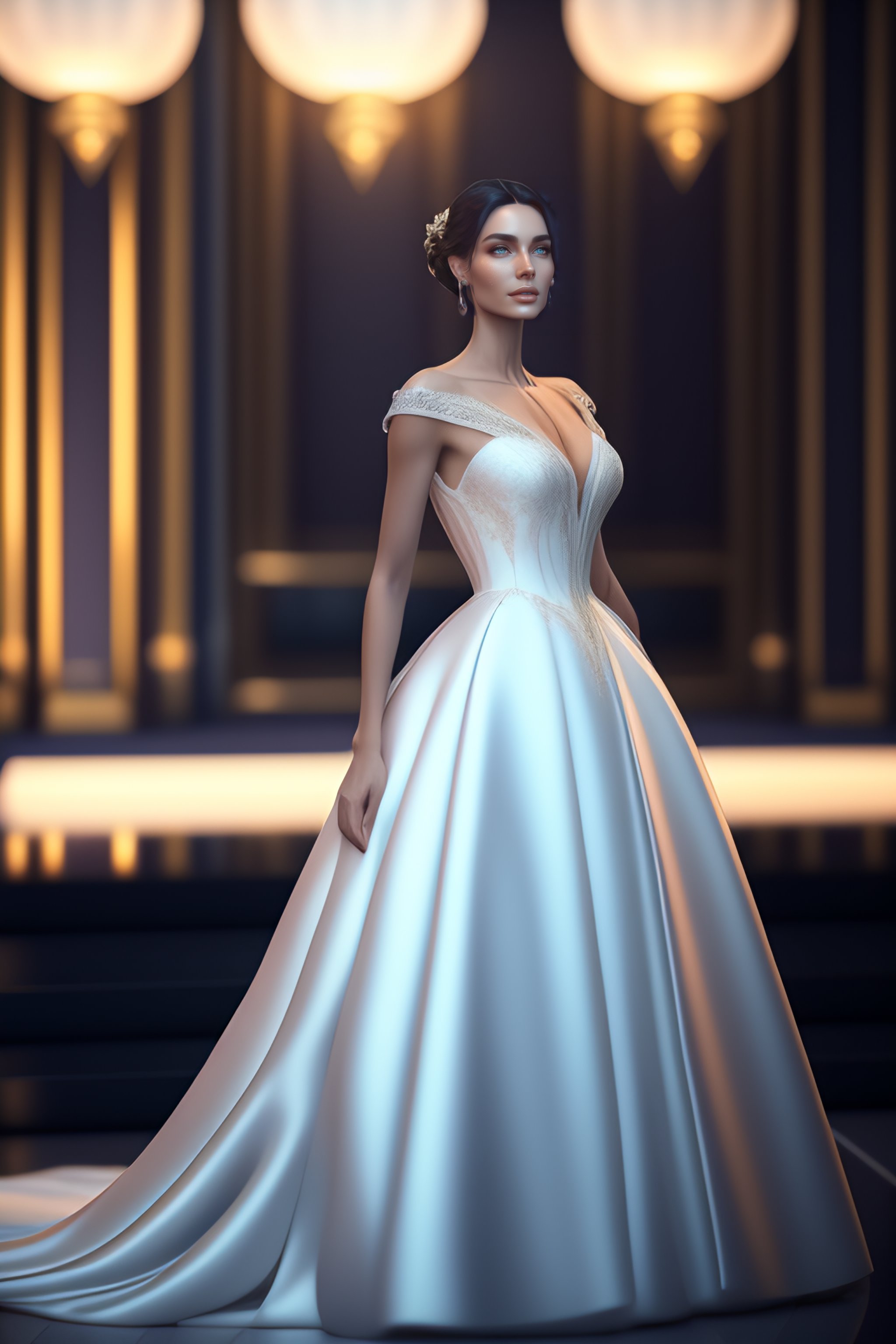 Lexica - Woman wearing a wedding dress with a V-neck and off-the ...