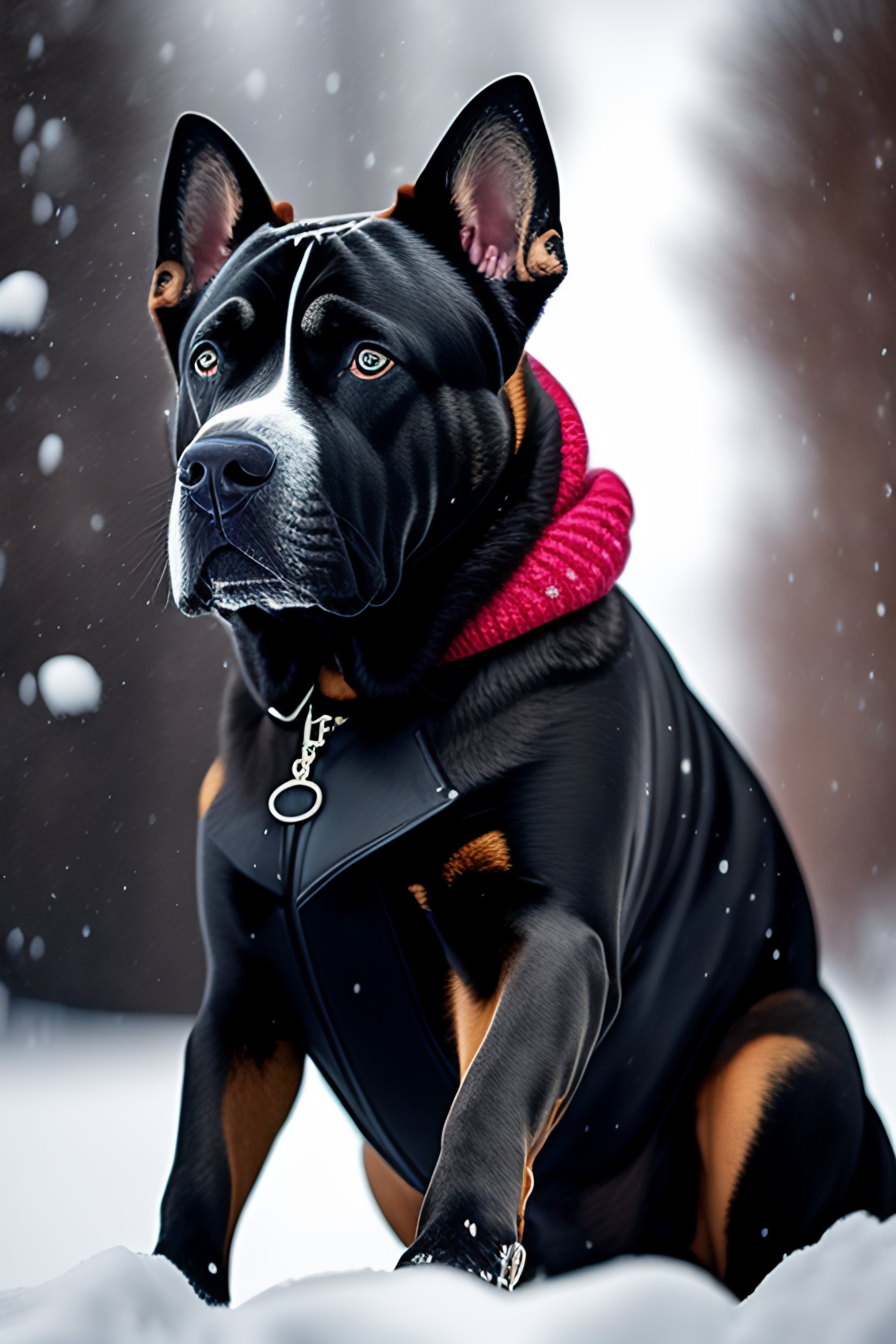 Lexica Cane corso wearing a leather jacket. cane corso is outside in a snow