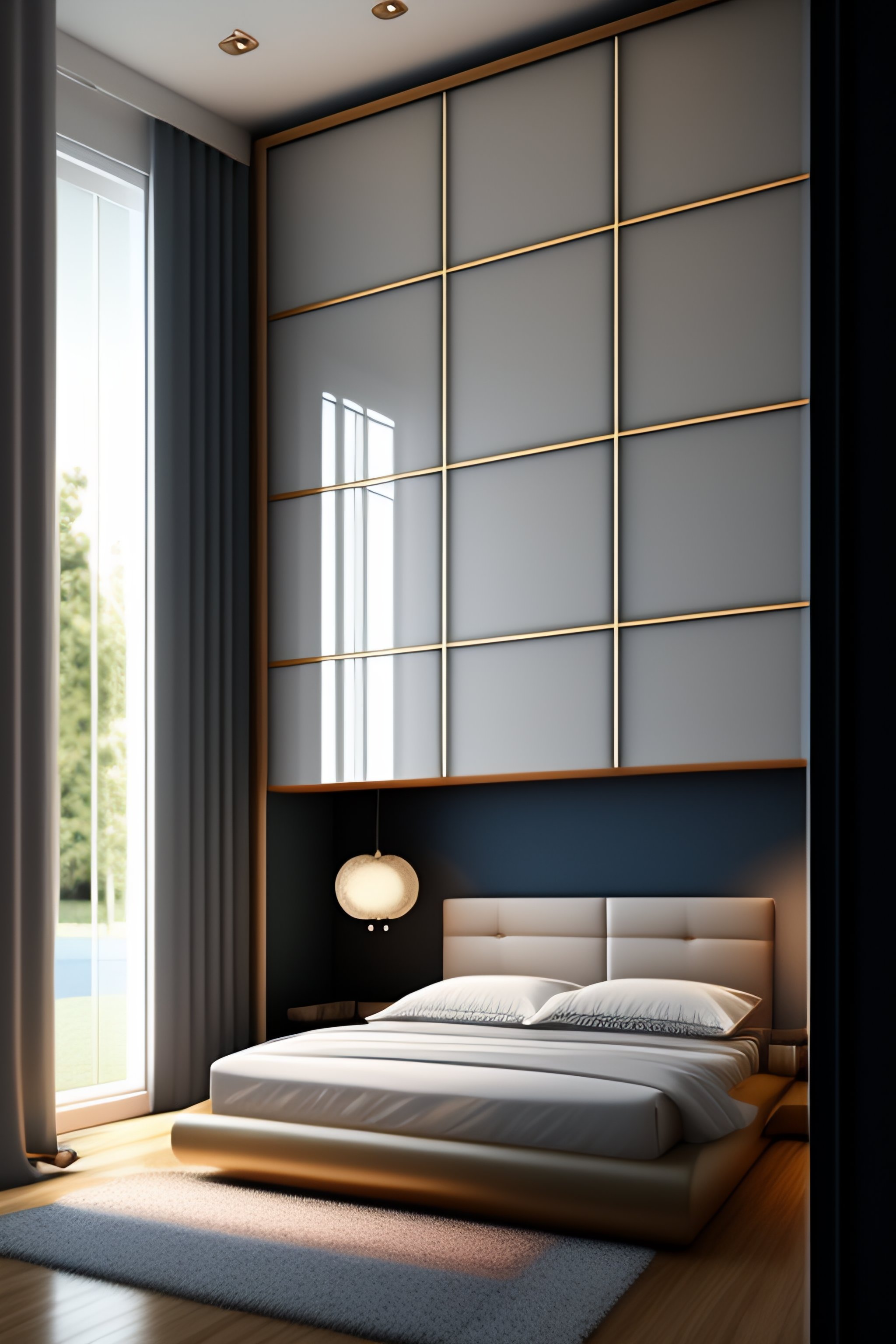 Lexica - A bedroom with glass wardrobes behind the bed