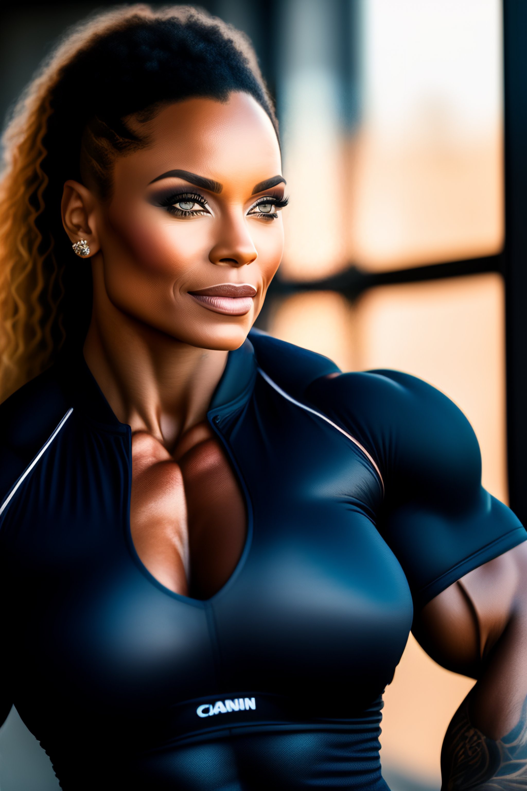 Lexica - Portrait of woman bodybuilder wearing short jeans, by ...