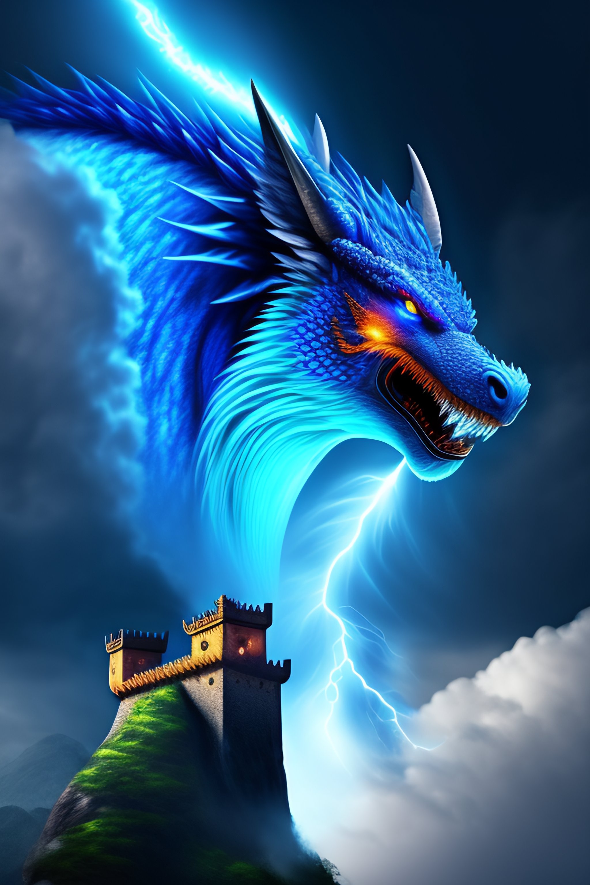 Lexica - Blue dragon breathing lightning over a small keep