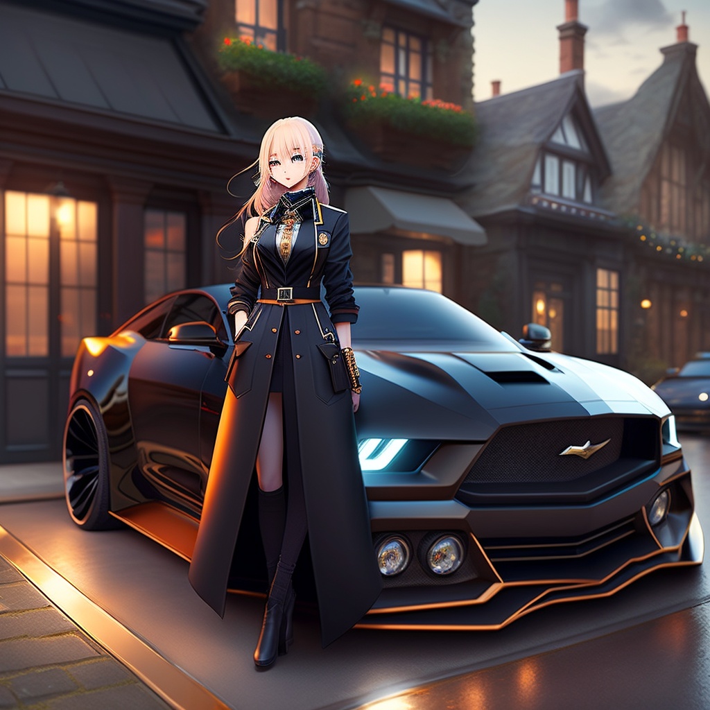 Lexica - Anime,girl, full black clothes and with a rich car