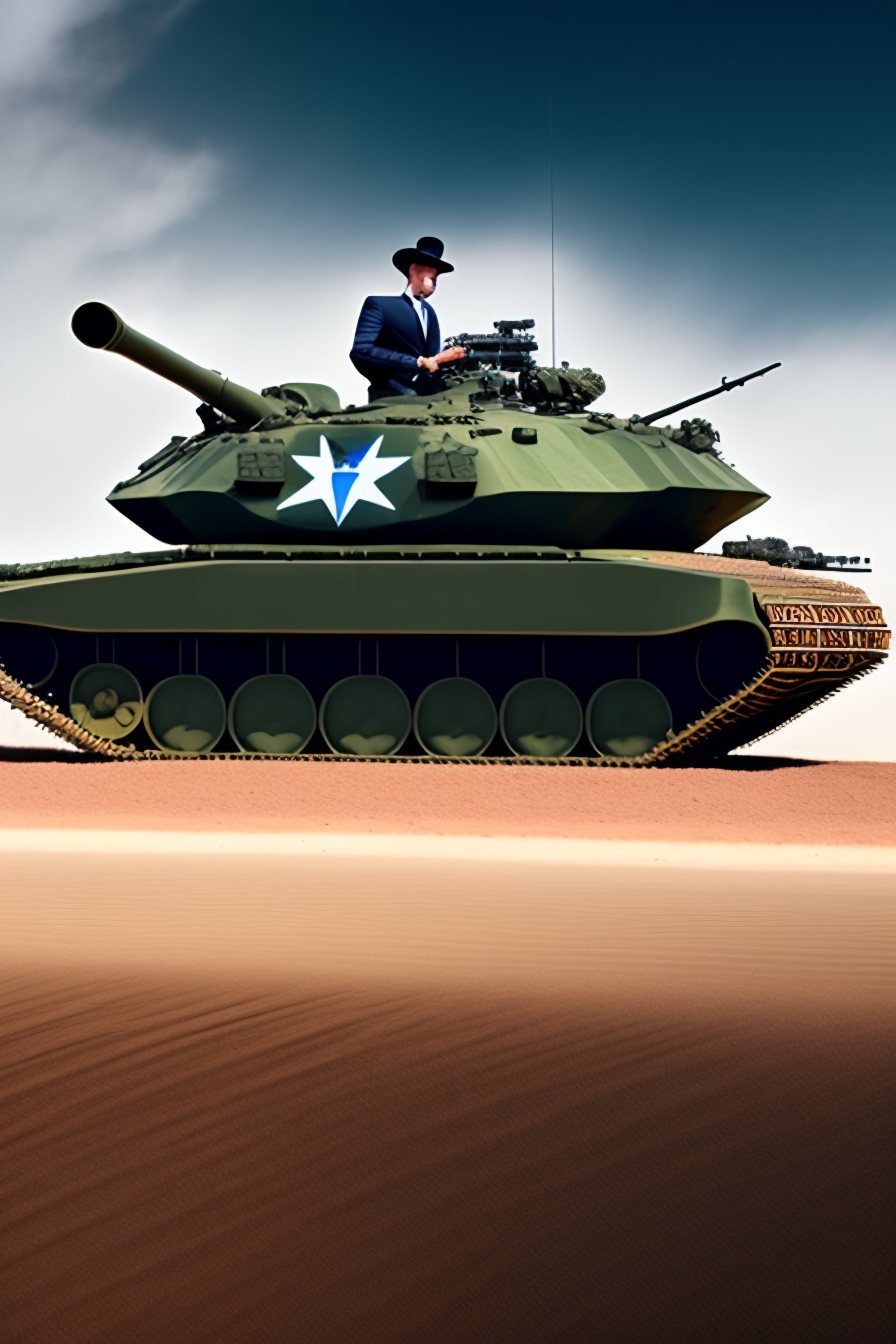 Lexica - Emmanuel Macron riding at the top of a tank 4k archive photo