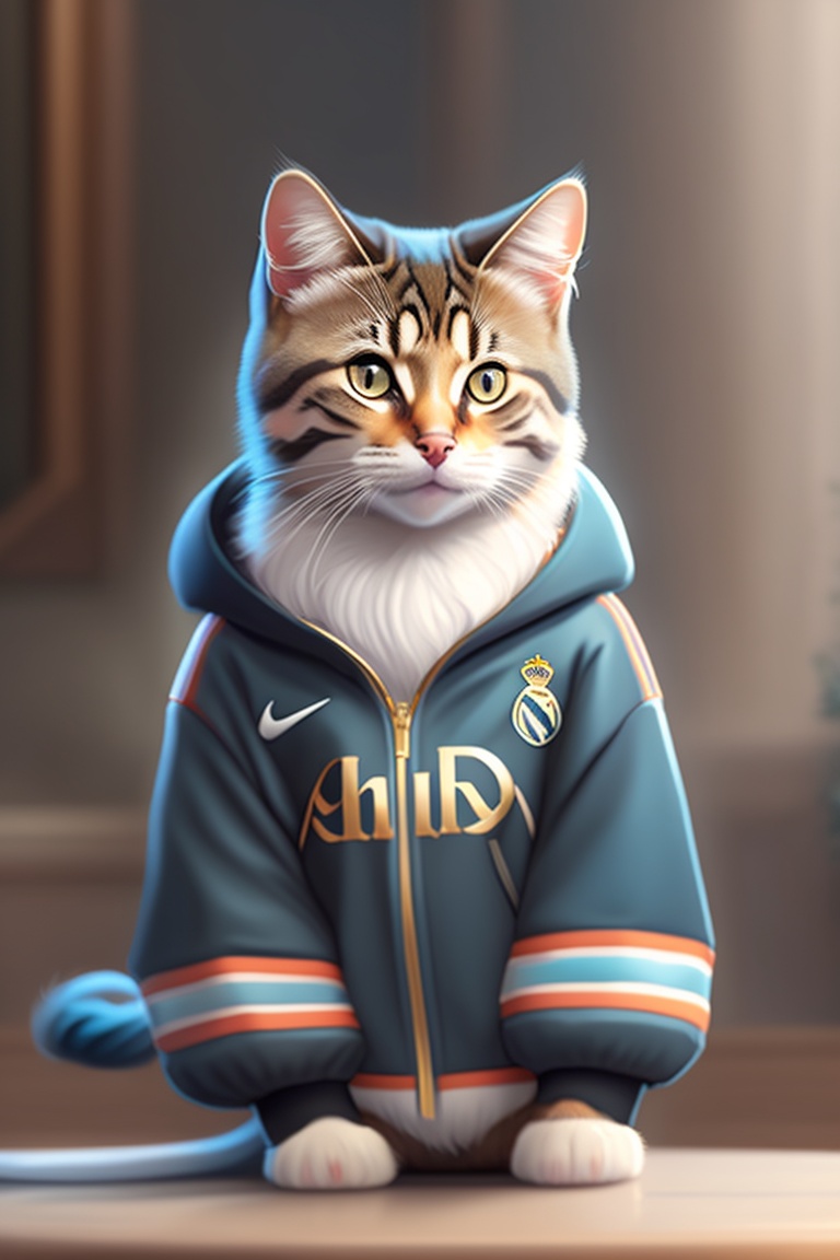 Lexica Cats, a real sporty cat wearing a Real Madrid tracksuit