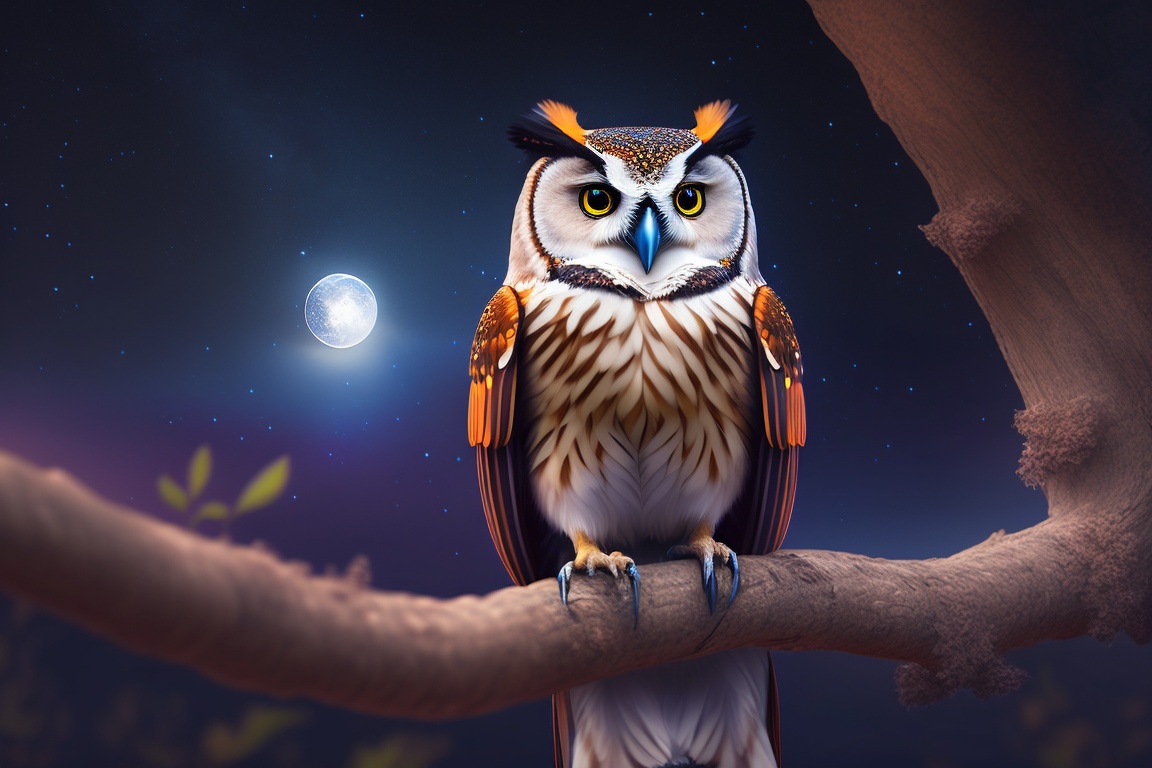 Lexica - Owl perched on a tree branch, gazing at the night sky with wonder