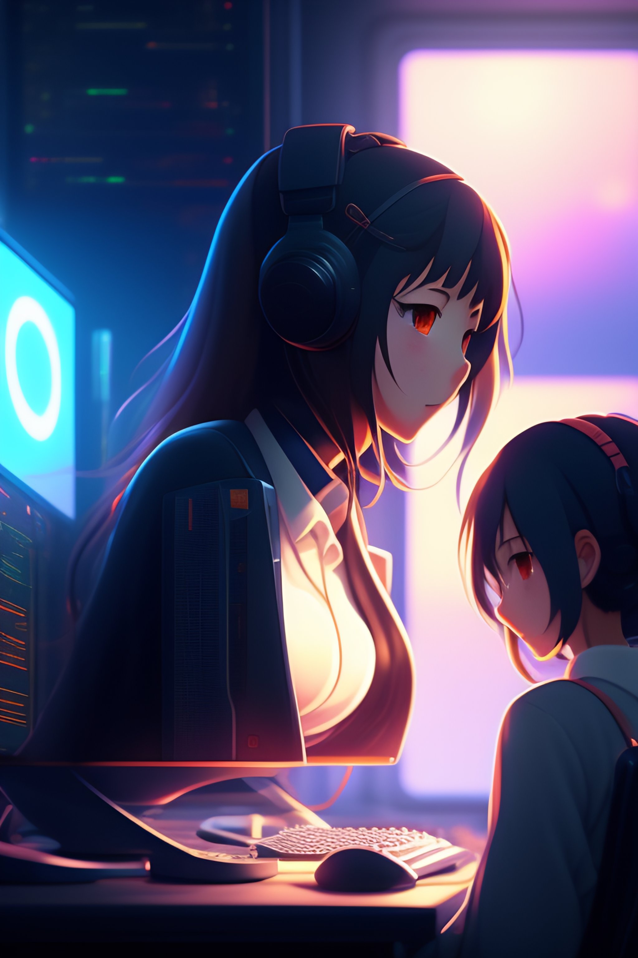 Lexica - create a high resolution artwork of anime girl is programming at a  computer in a room full of gadgets