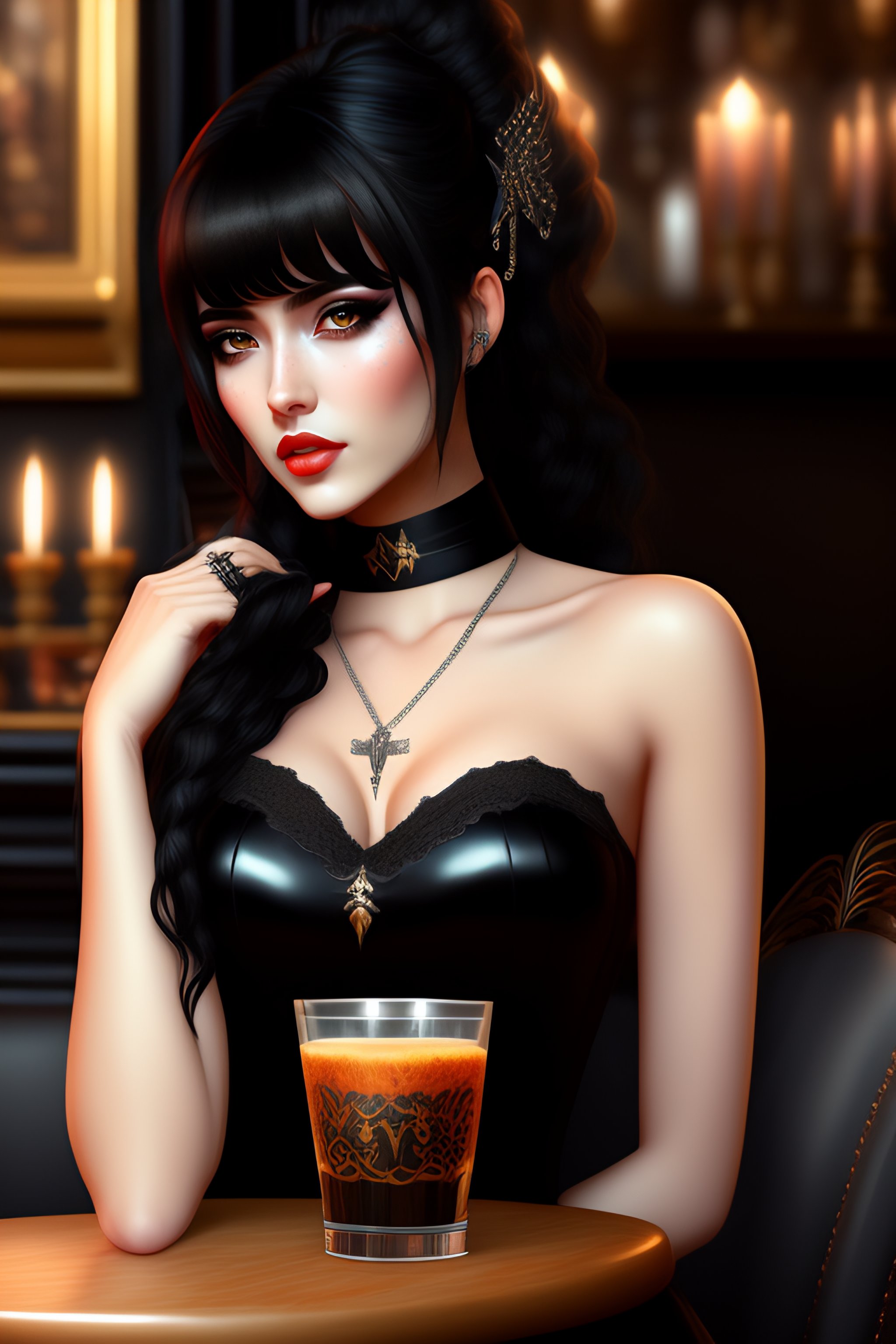 Lexica - Gothic e-girl, fully body, black hair, bangs, horns, in a cafe,  high detail, highly detailed, digital painting