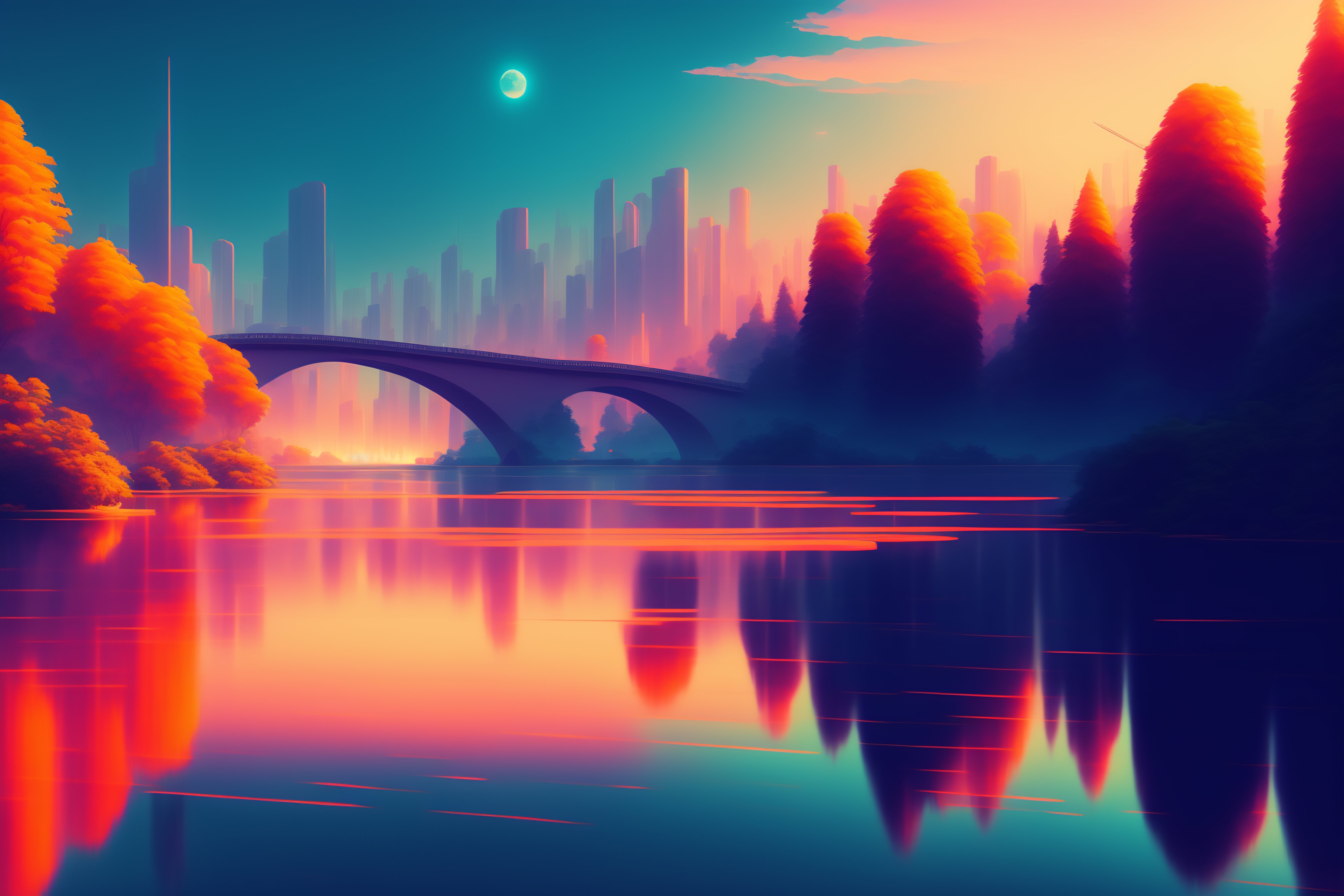 Lexica - A digital painting of a river running through a city, lots of ...