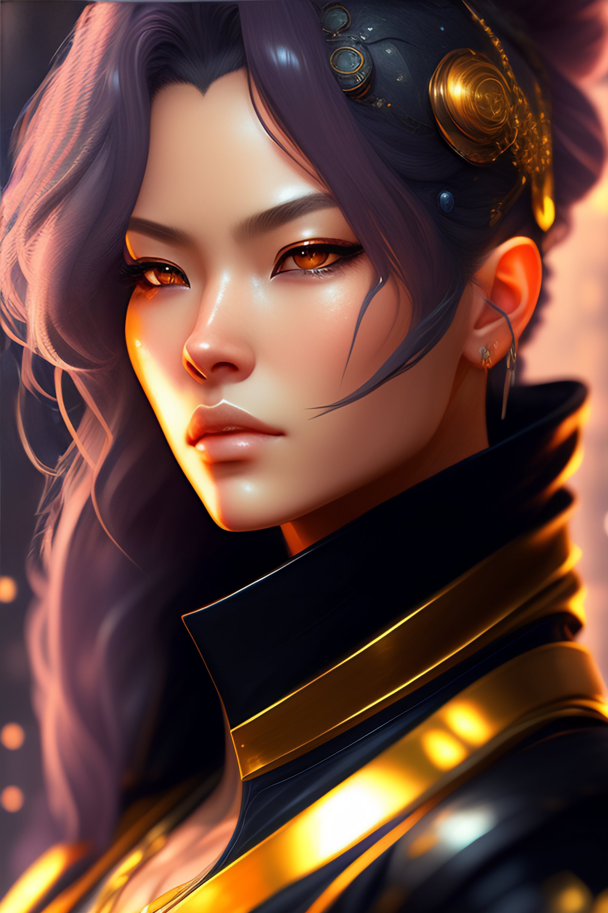 Lexica - Left facing,Portrait of a golden cyberpunk, cyborg ninja ...