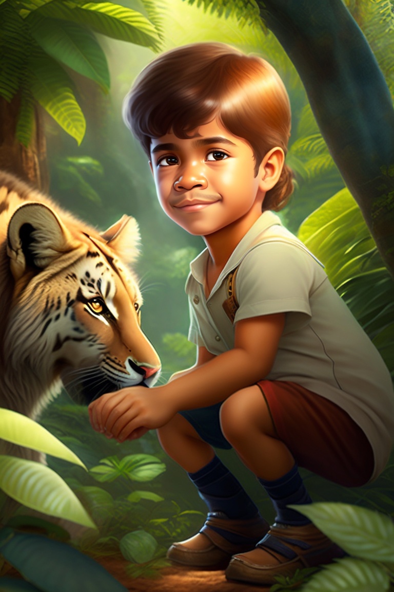 Lexica Once upon a time, in a dense and vibrant jungle, lived a young boy named Kavi. He was