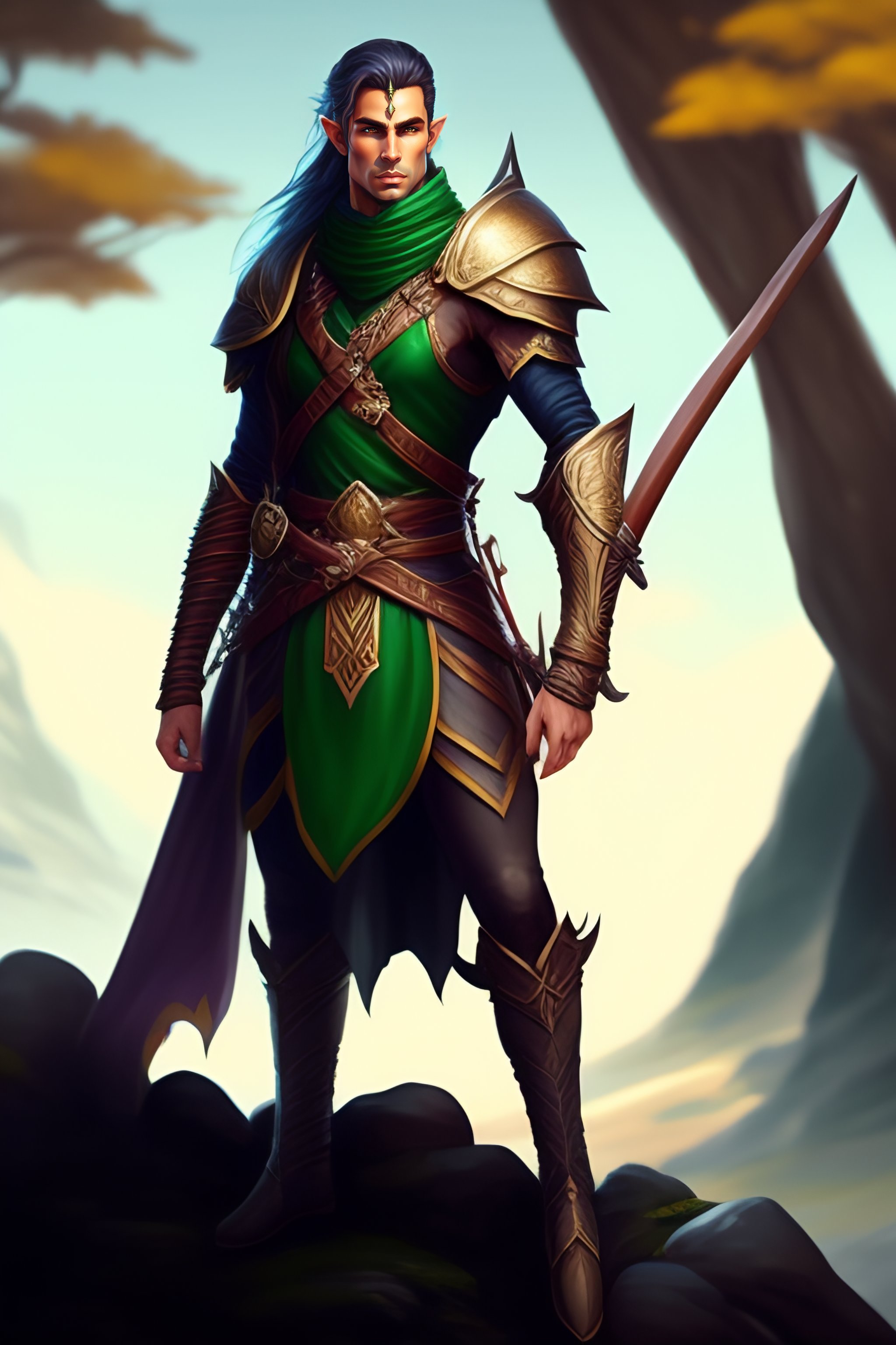 Lexica Male elf ranger standing on a rock with an elven bow in his