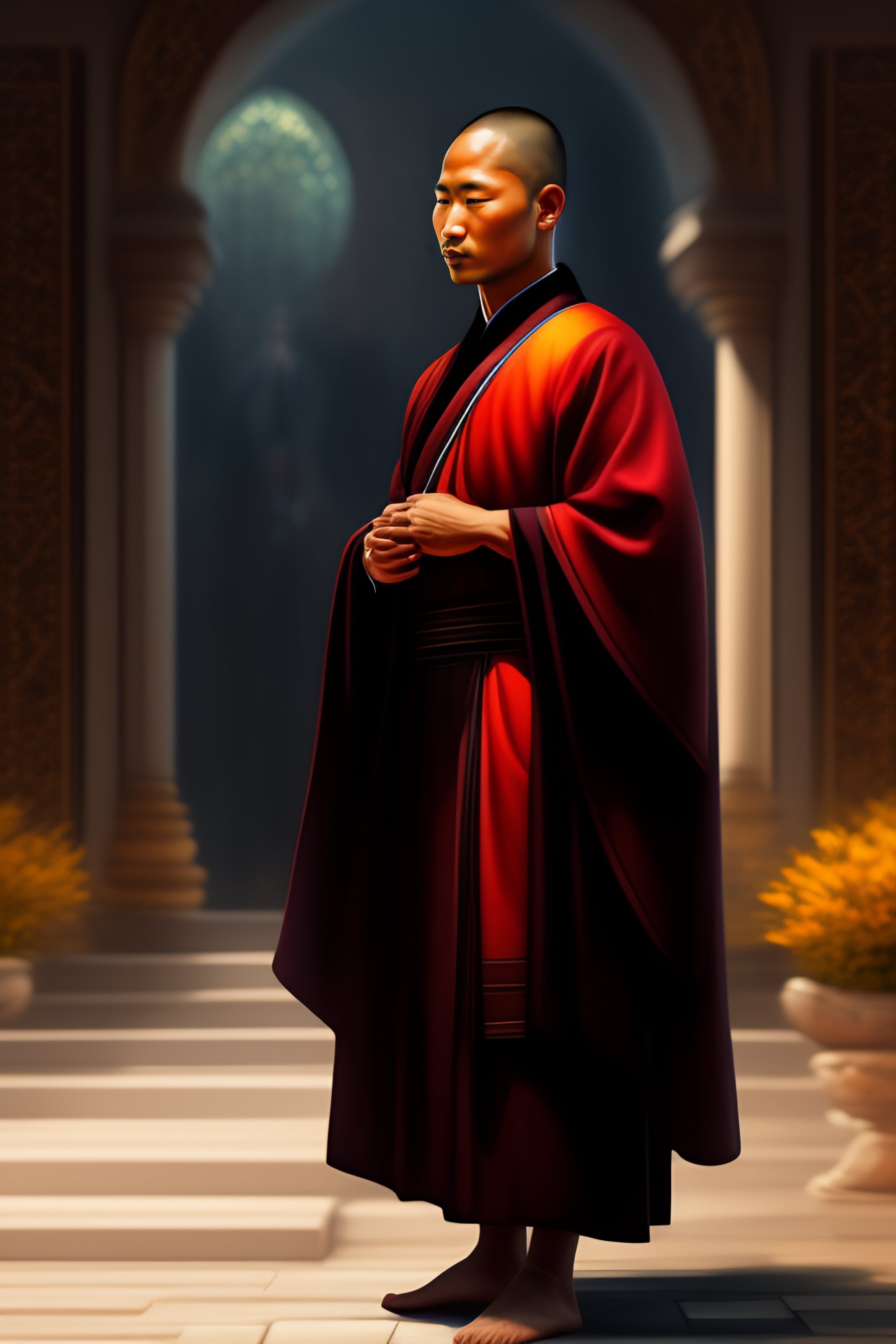Lexica - Full body photograph of a priest of a religion which is a  combination of buddhism, christianity and hinduism, elegant robes, black  Buddhist